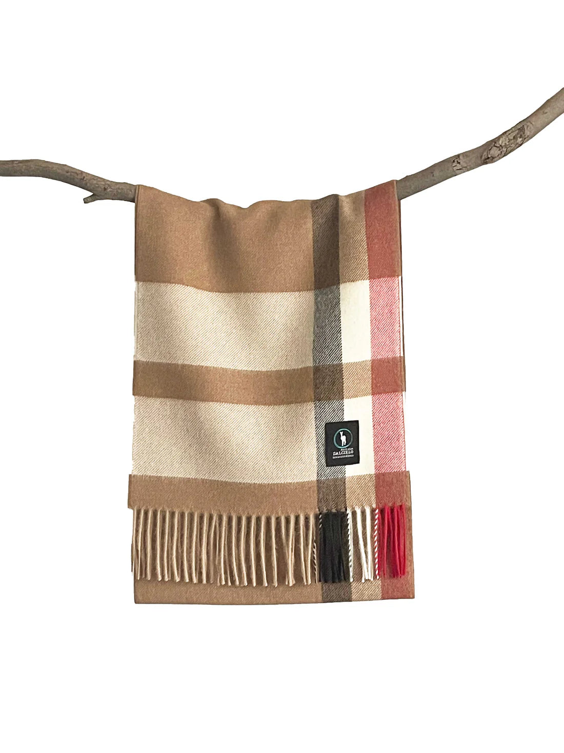 Wool plaid blanket in cream, tan and red with fringe trim, draped on branch. - Yellow Earth Australia