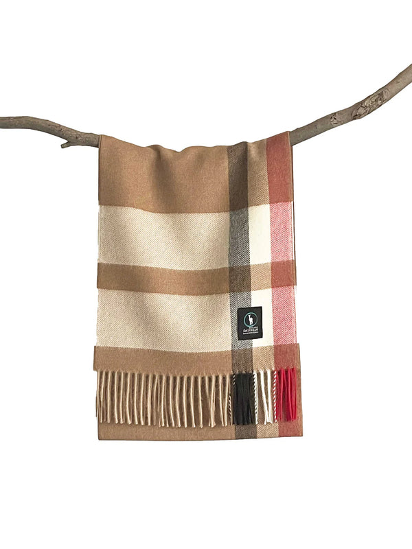 Baby Alpaca Wool Scarf - Lightweight, Super Warm, Ethically Sourced - Camel Check