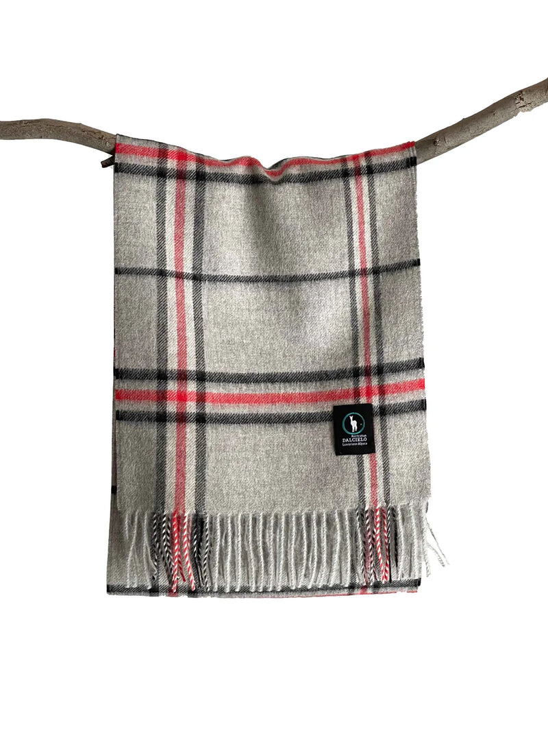 Baby Alpaca Wool Scarf - Lightweight, Super Warm, Ethically Sourced - Grey Red Check