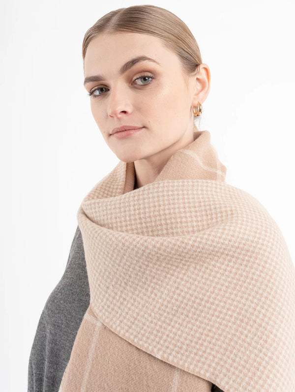 Baby Alpaca Wool Scarf - Reversible Pattern - Lightweight, Super Warm, Ethically Sourced - Windowpane Beige