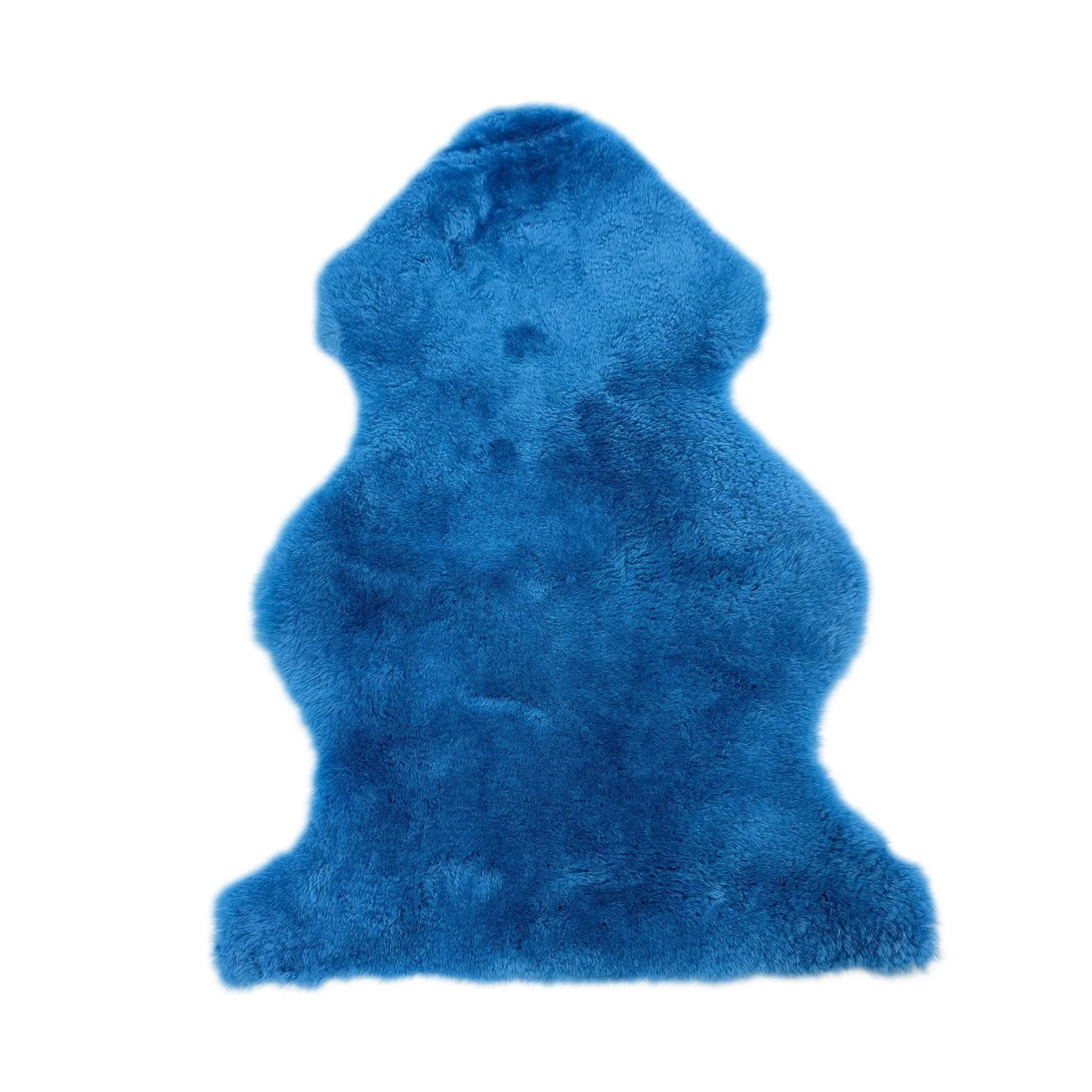 Blue sheepskin rug with luxurious wool texture, viewed from above on white background. - Yellow Earth Australia
