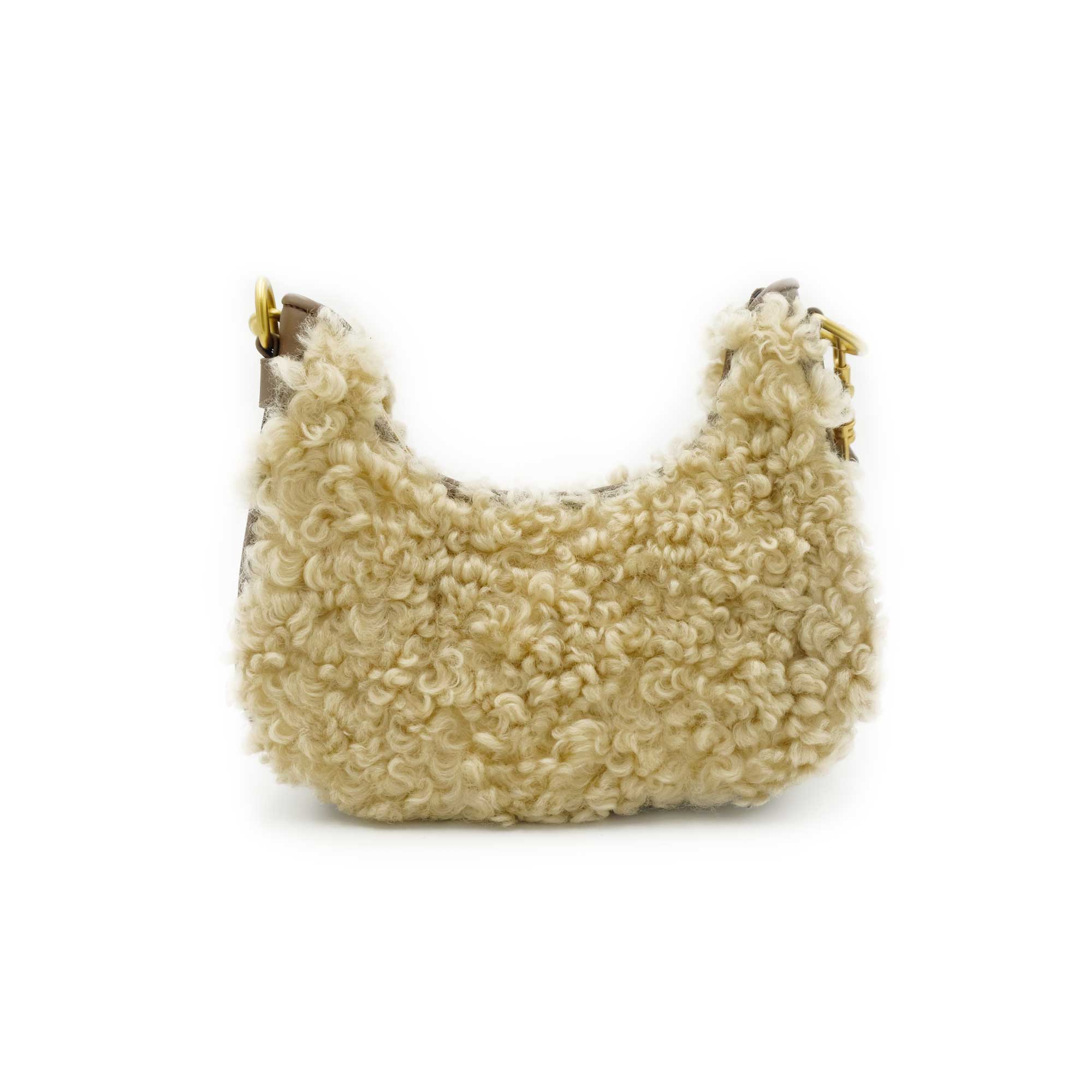 Cream curly sheepskin shoulder bag with gold-tone handles, front view. - Yellow Earth Australia