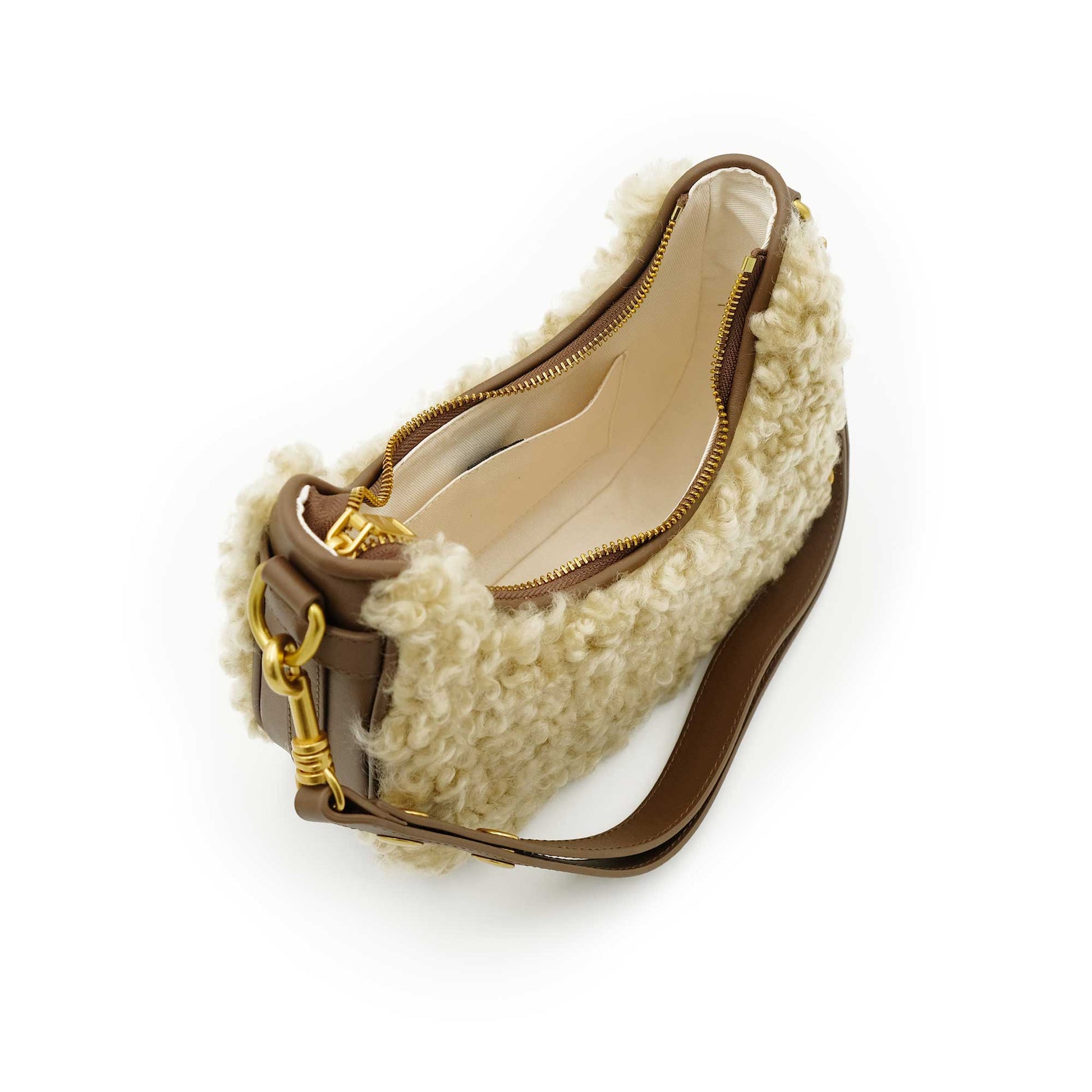Cream sheepskin and tan leather shoulder bag, open top view showing interior. - Yellow Earth Australia