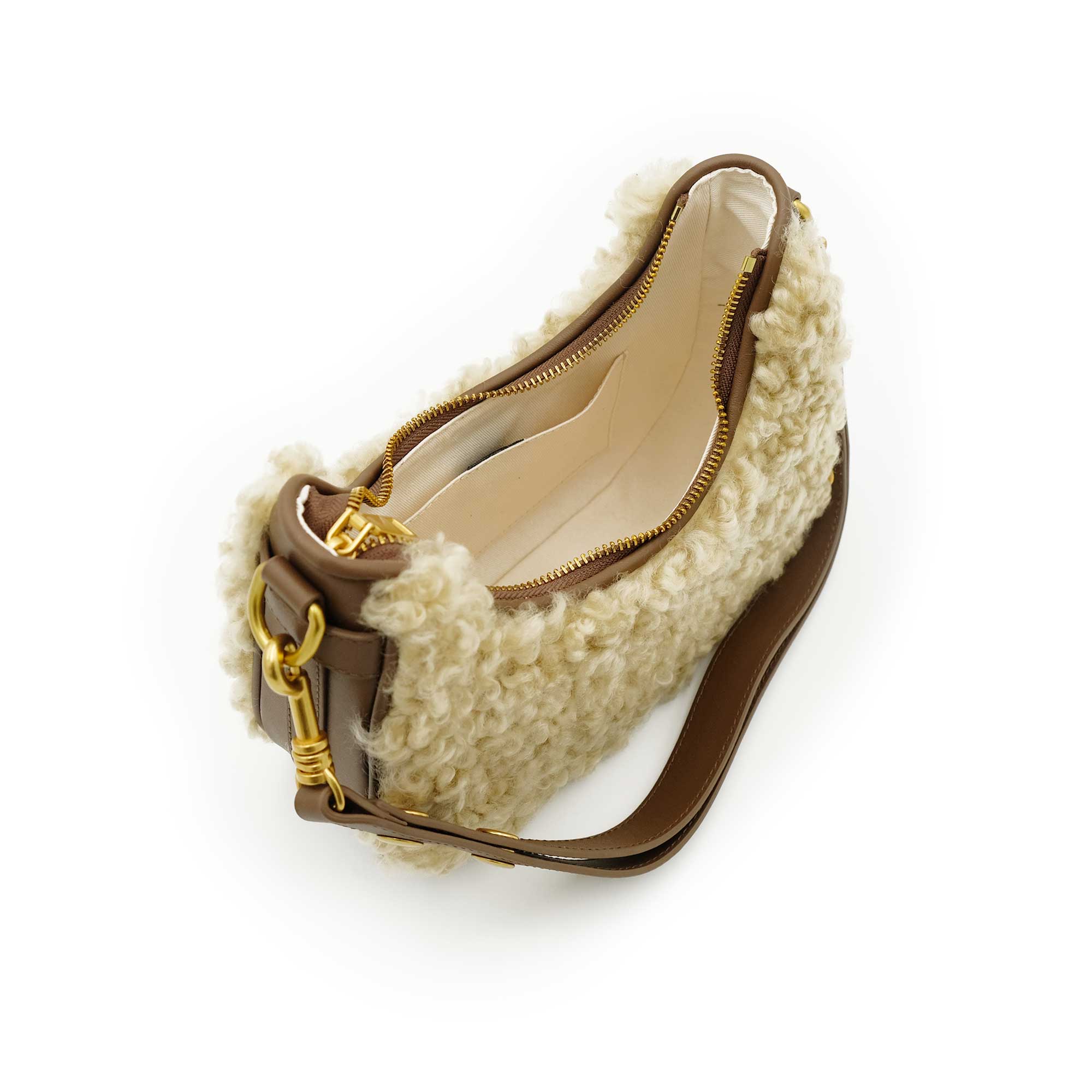 Cream sheepskin and tan leather shoulder bag, open top view showing interior. - Yellow Earth Australia