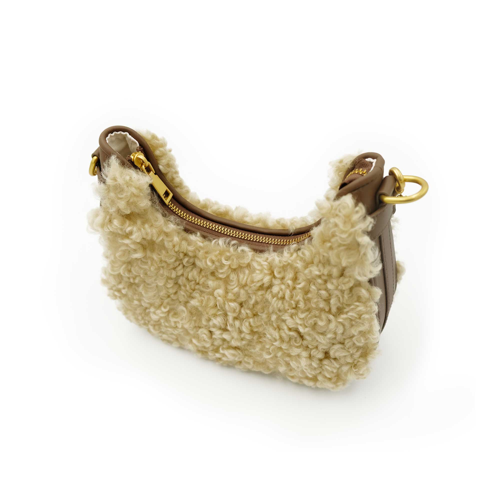 Cream curly sheepskin shoulder bag with brown leather trim and gold hardware, front view. - Yellow Earth Australia