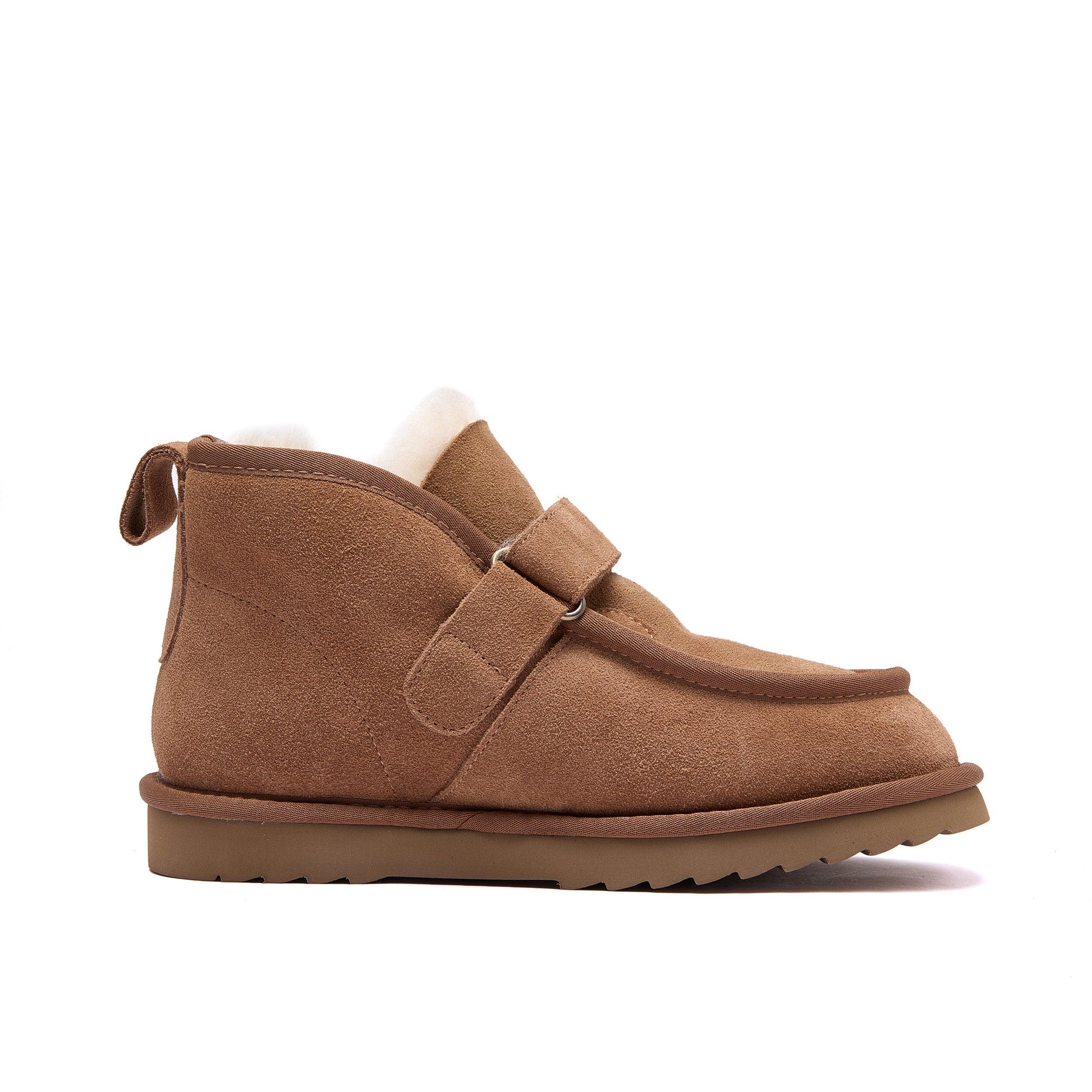 A single brown suede ankle boot with a wide strap across the instep, a pull tab on the heel, and a soft white lining visible at the opening, shown in profile against a white background - Fleece Easy v2 Chestnut