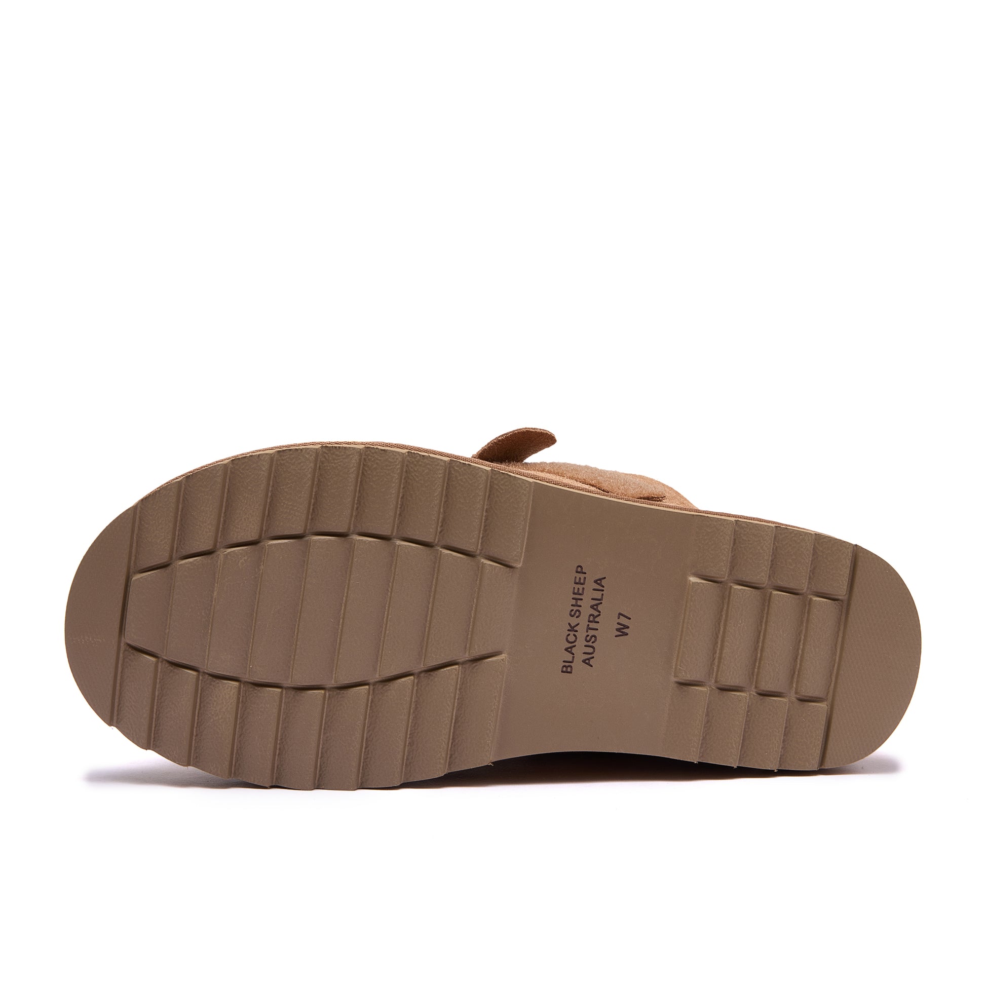 The outsole of a tan slip-on shoe or boot, showing a textured tread pattern and the printed text 'BLACKSHEEP AUSTRALIA W7' on a clean white background - Fleece Easy v2 Chestnut