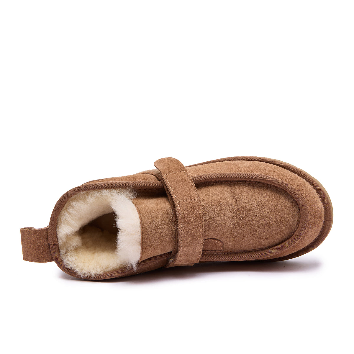 A single brown suede slipper boot with a thick cream-colored shearling lining, shown from a side profile view against a white background - Fleece Easy v2 Chestnut