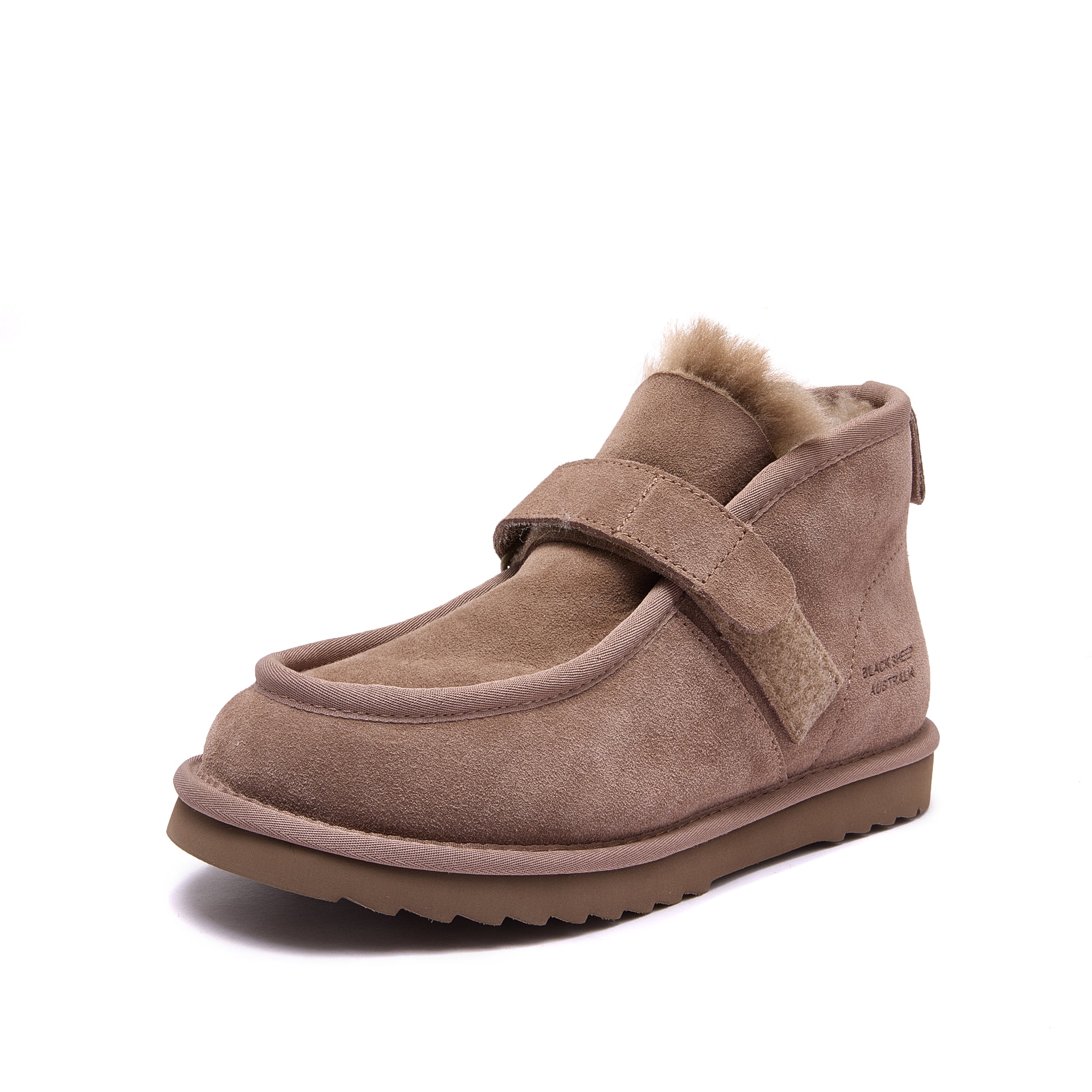 A single women's mid-calf boot in taupe brown suede with a fuzzy shearling-style lining and a wide hook-and-loop strap across the instep, shown on a plain white background - Fleece Easy v2 Chestnut