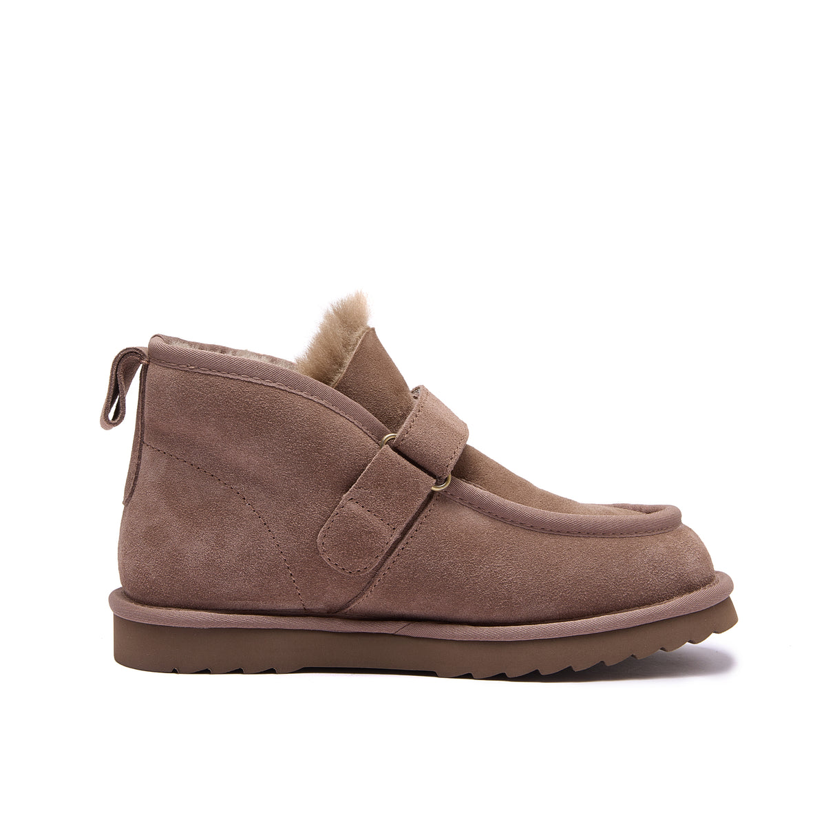 A single brown suede ankle boot with a wool lining peeking out from the top and a wide strap across the instep, shown in profile against a white background - Fleece Easy v2 Chestnut