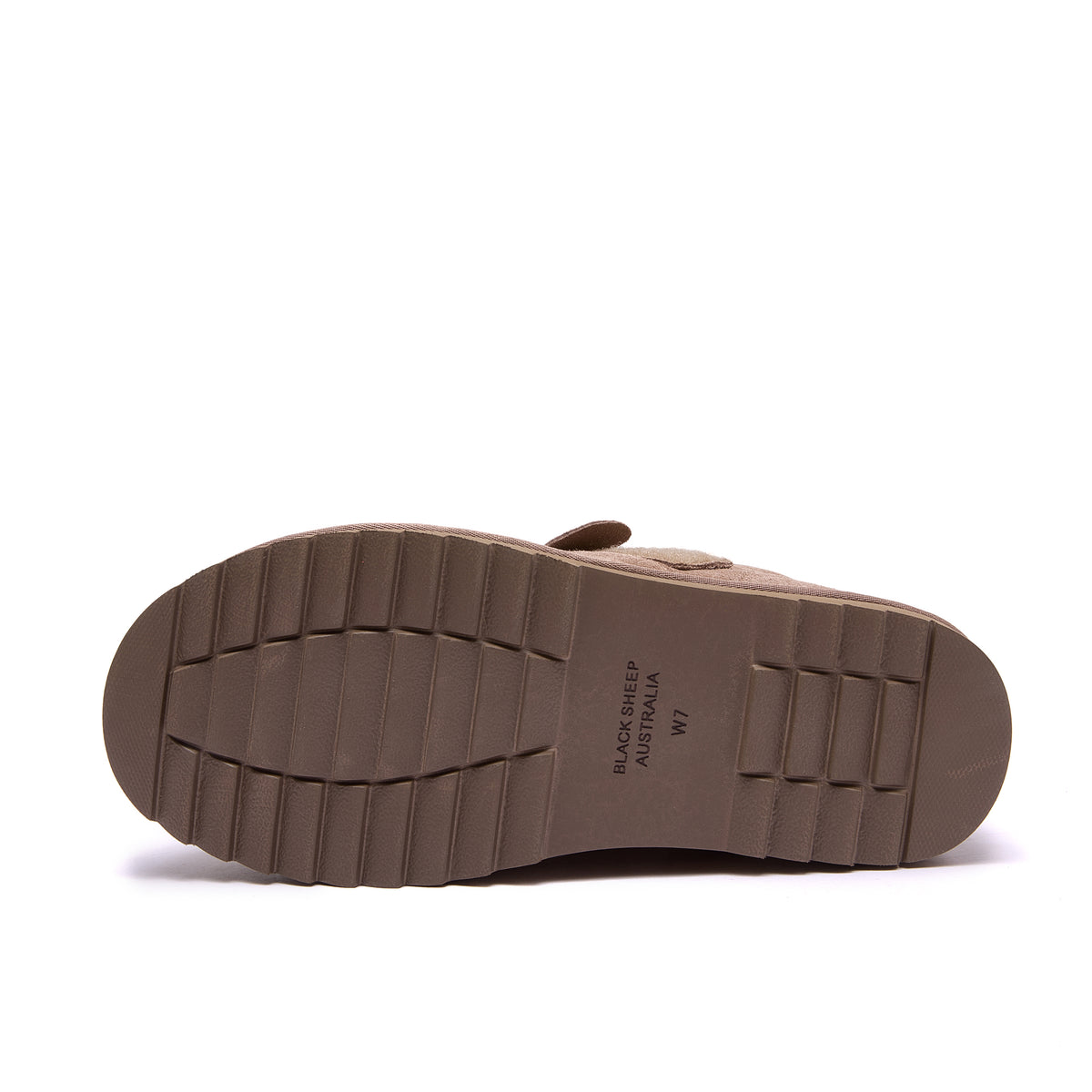 The outsole of a brown slip-on shoe, showing a textured tread pattern and the printed text 'BLACKSHEEP AUSTRALIA W3' on a white background - Fleece Easy v2 Chestnut