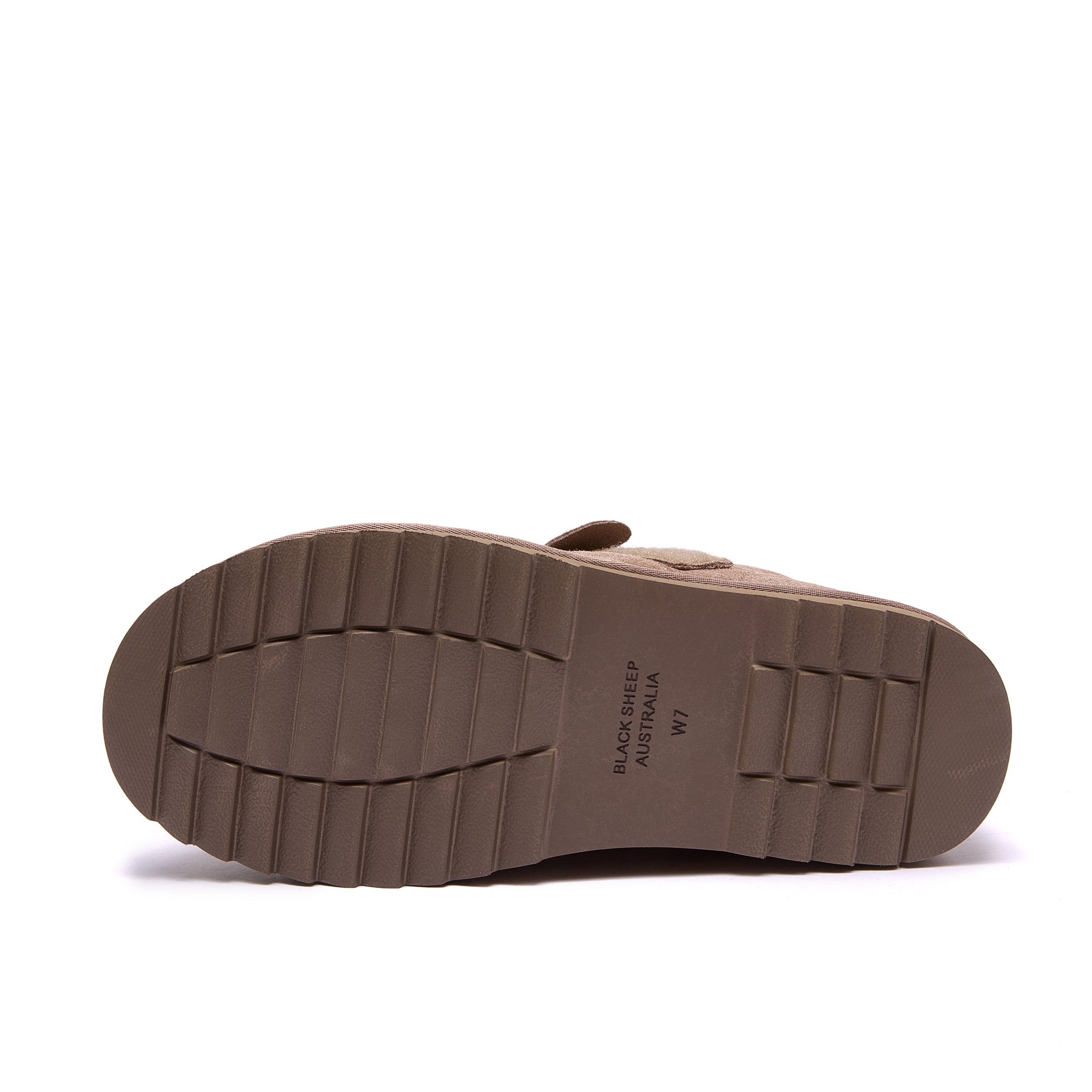 The outsole of a brown slip-on shoe, showing a textured tread pattern and the printed text 'BLACKSHEEP AUSTRALIA W3' on a white background - Fleece Easy v2 Chestnut
