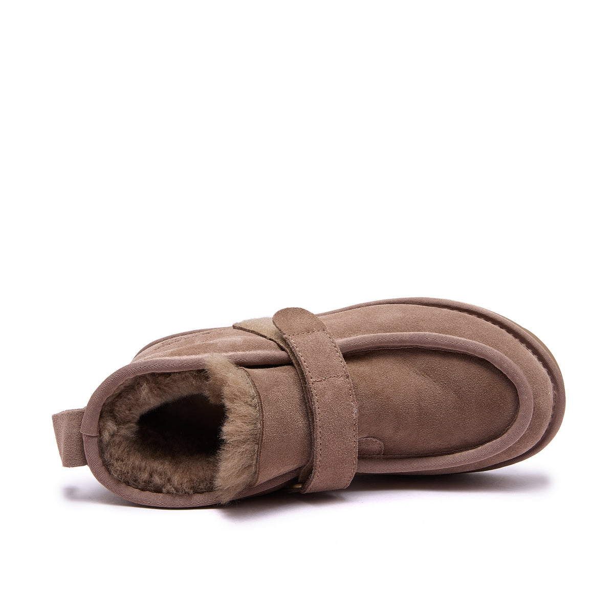 A single taupe-brown suede slipper boot with a plush shearling lining and a hook-and-loop strap, shown from a side profile on a white background - Fleece Easy v2 Chestnut