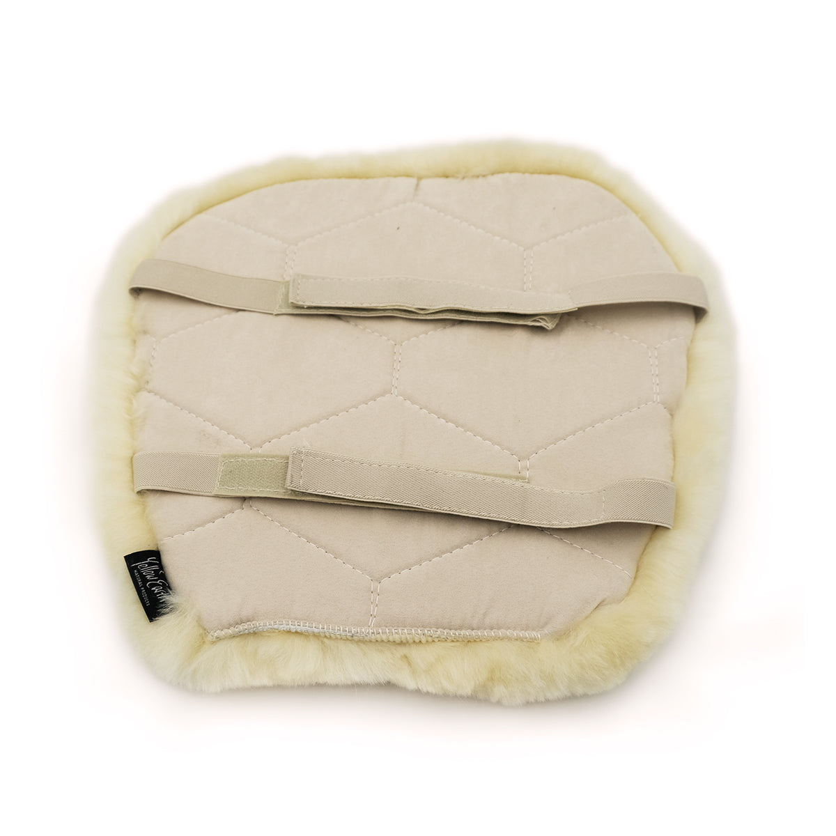 Cream sheepskin seat pad with quilted cotton top and wool fleece trim, top view. - Yellow Earth Australia
