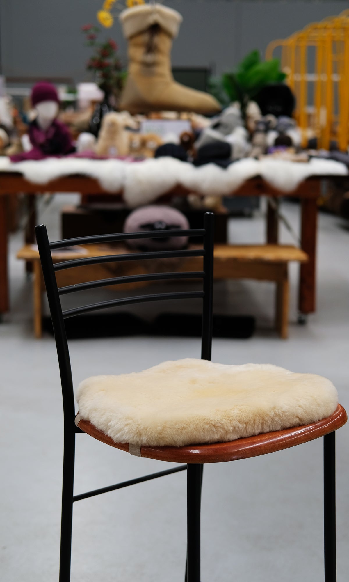 Black metal chair with cream sheepskin wool seat cushion, front view. - Yellow Earth Australia