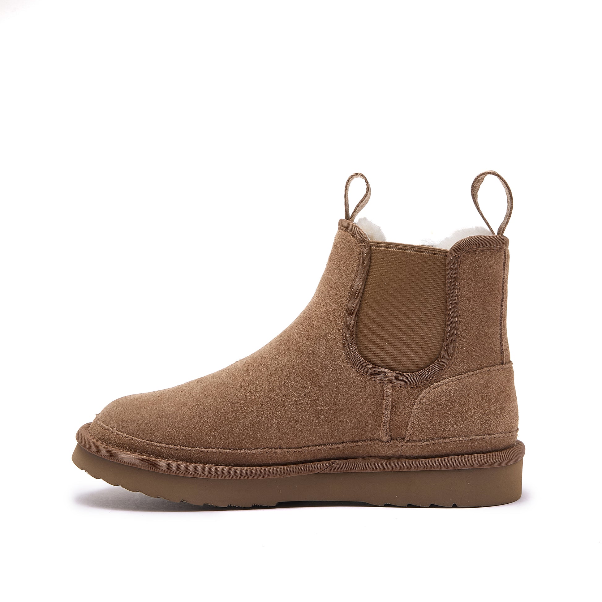 Tan suede chelsea boot with sheepskin lining, side view. - Yellow Earth Australia