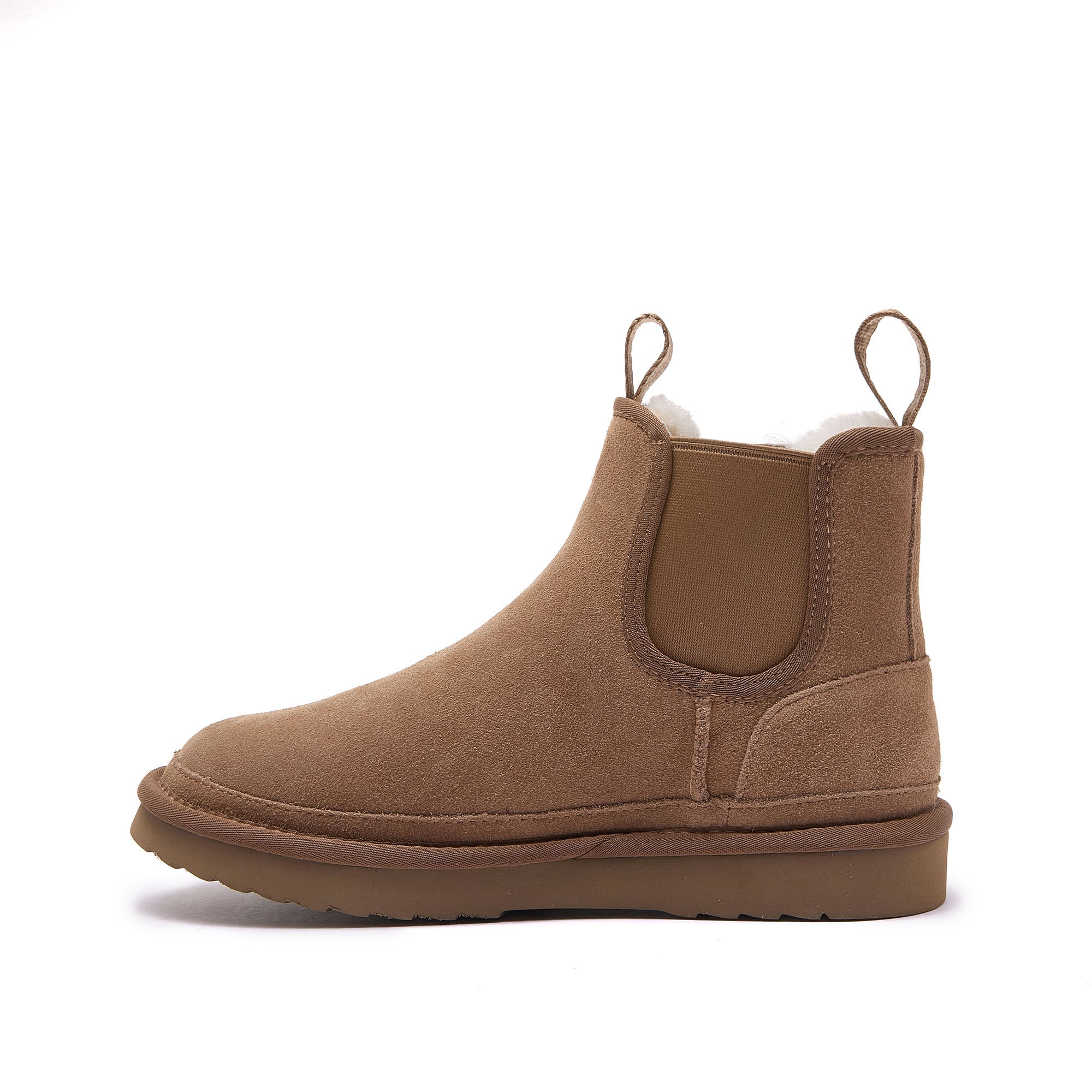 Tan suede chelsea boot with sheepskin lining, side view. - Yellow Earth Australia