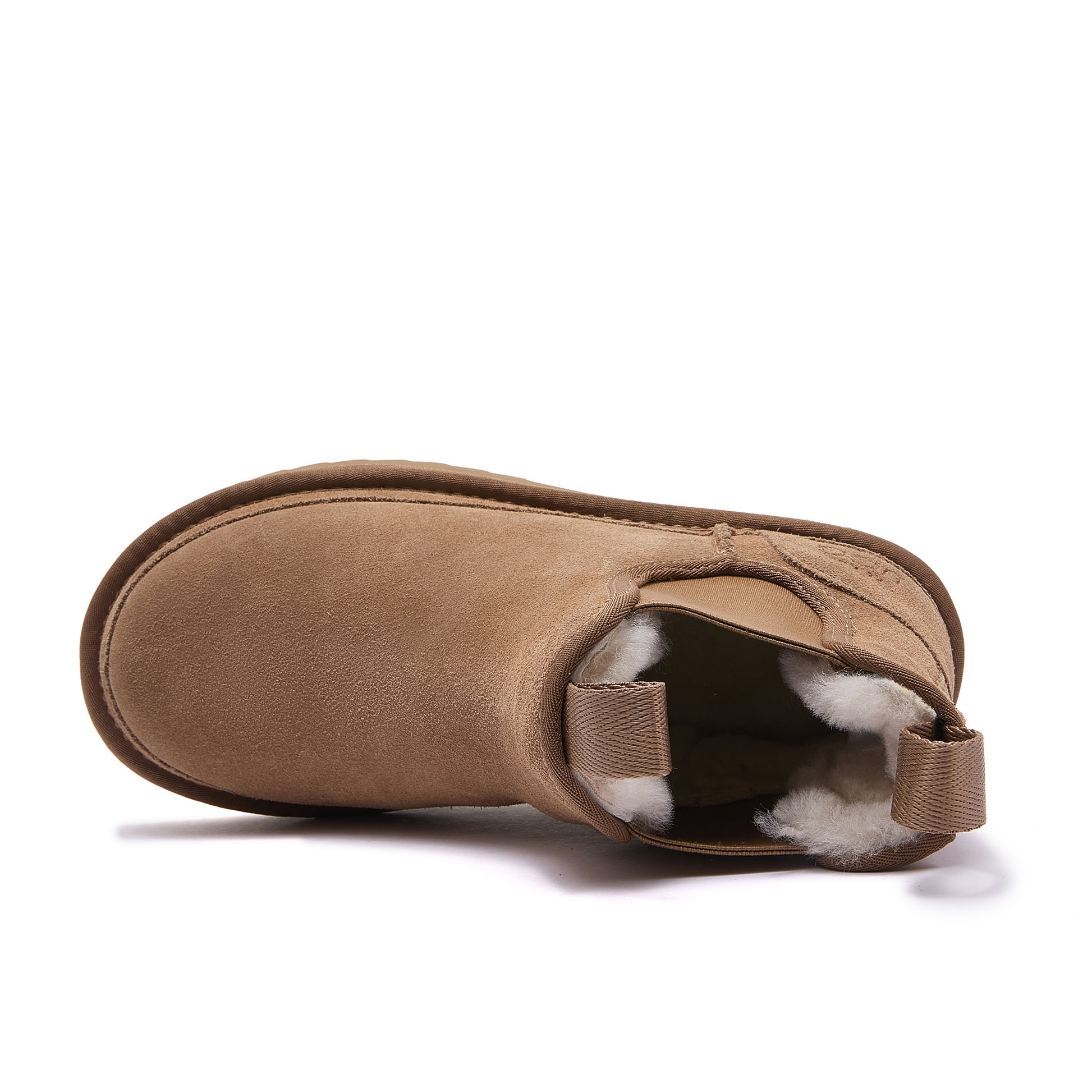 Camel suede sheepskin boot with fluffy wool lining, top-down view. - Yellow Earth Australia
