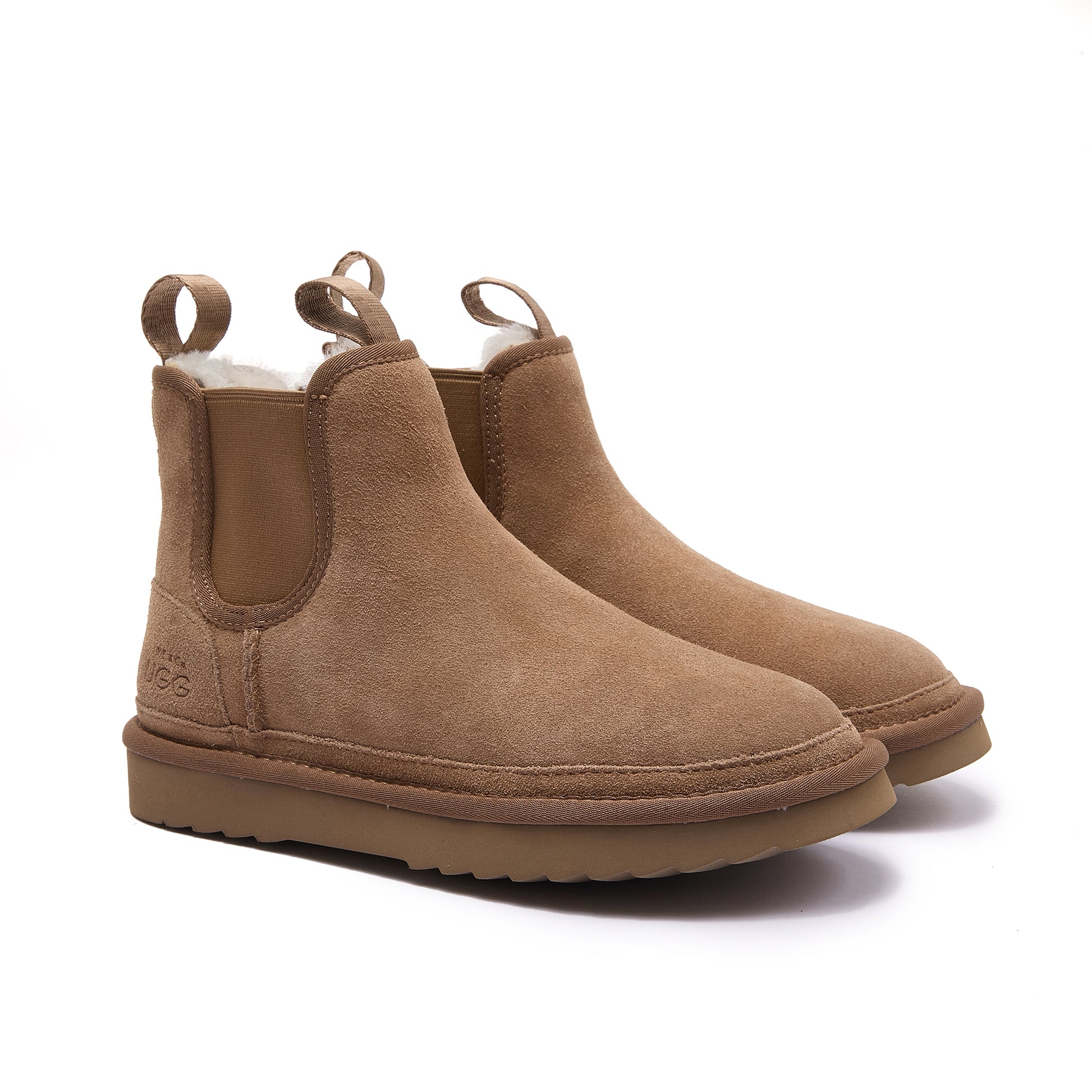 Tan suede chelsea boot with sheepskin lining, side angle view. - Yellow Earth Australia