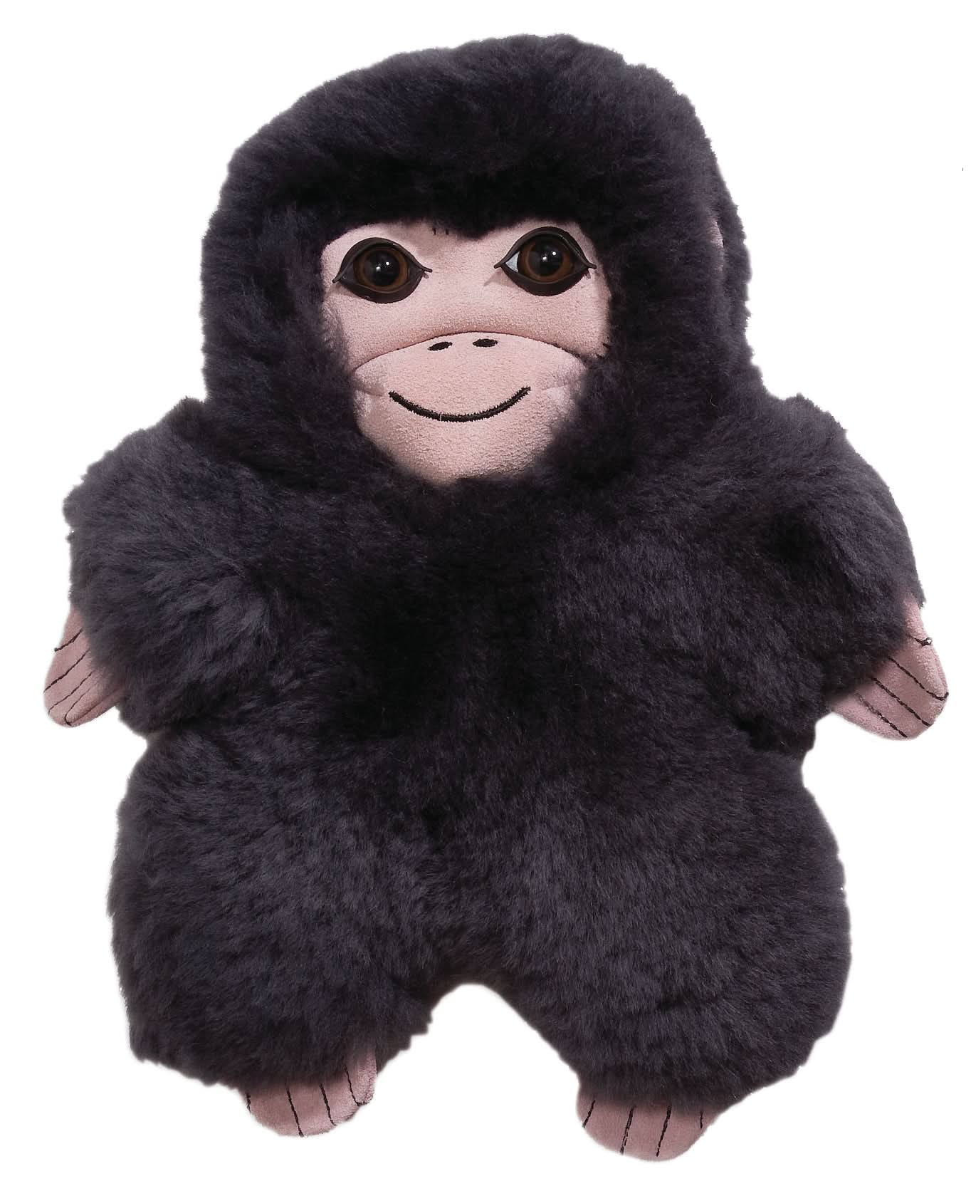 Plush black sheepskin gorilla toy with soft fur and smiling face, front view. - Yellow Earth Australia