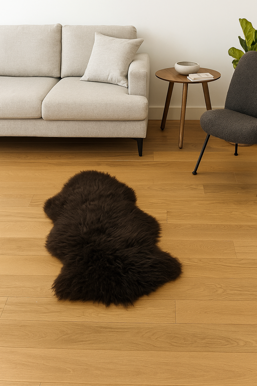 Black sheepskin rug on wooden floor in modern living room setting. - Yellow Earth Australia