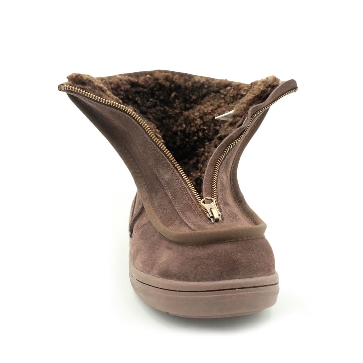 Chocolate sheepskin boot with fleece lining and gold zip, front view. - Yellow Earth Australia