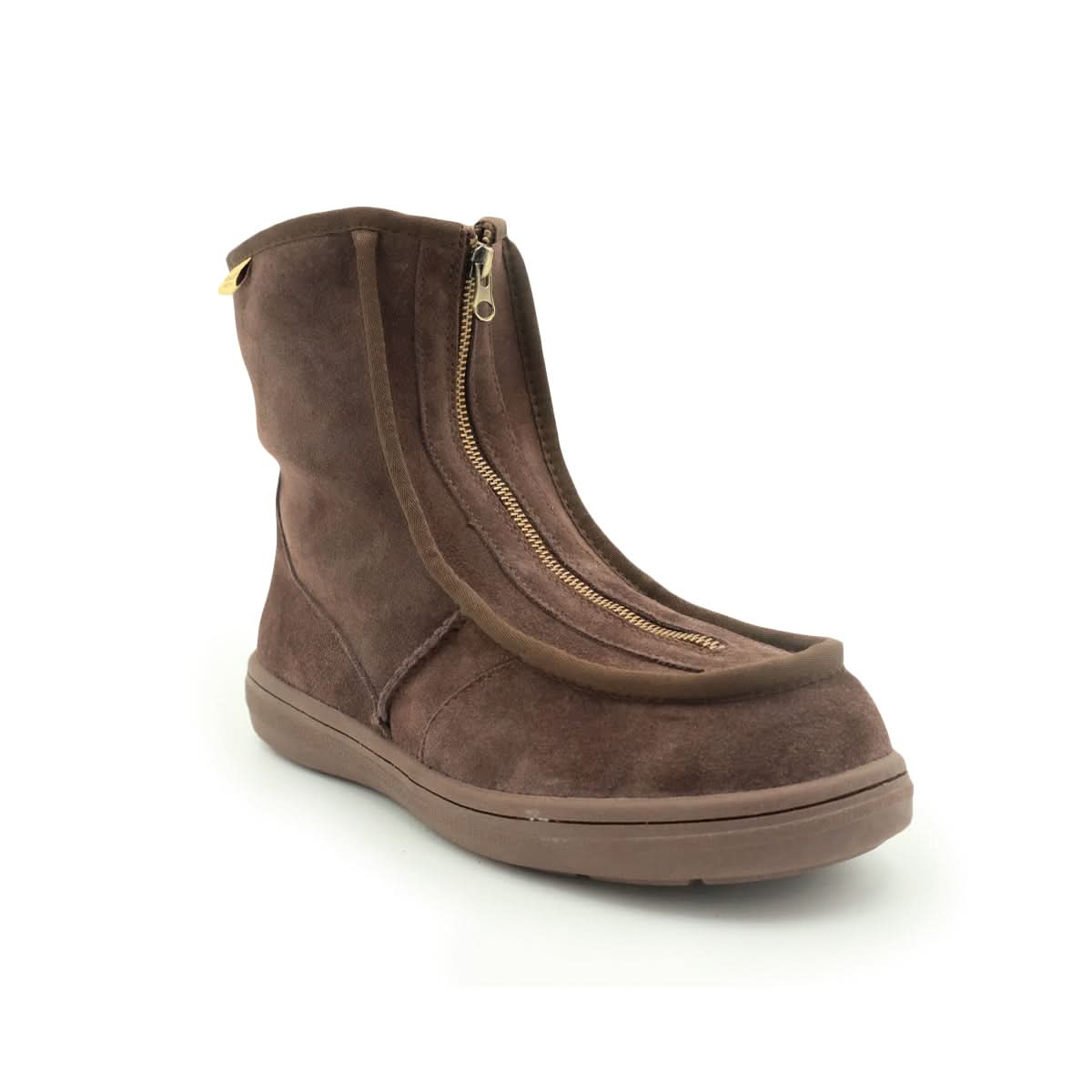 Brown suede sheepskin ankle boot with gold zip, side view. - Yellow Earth Australia