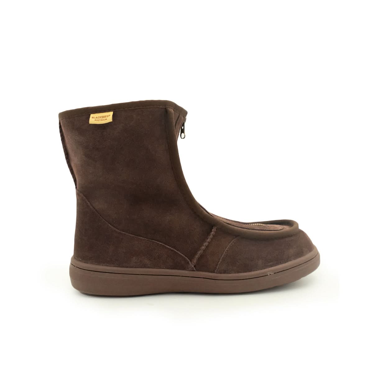 Brown suede sheepskin boot shown from the side angle with thick wool lining. - Yellow Earth Australia