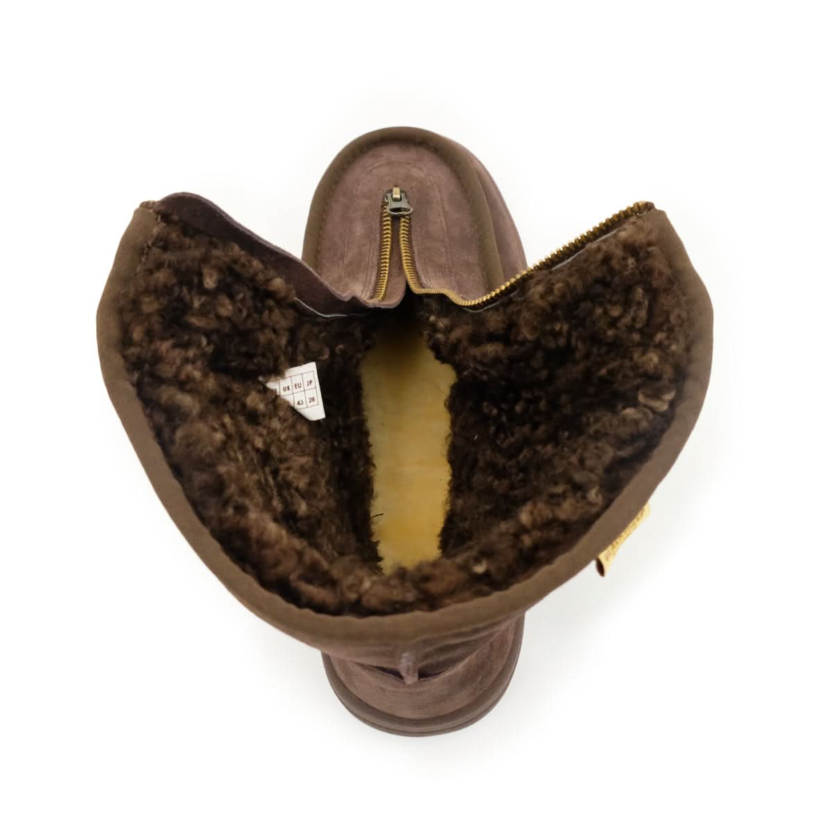 Brown sheepskin boot with curly wool interior, open top view showing lining and gold zipper. - Yellow Earth Australia