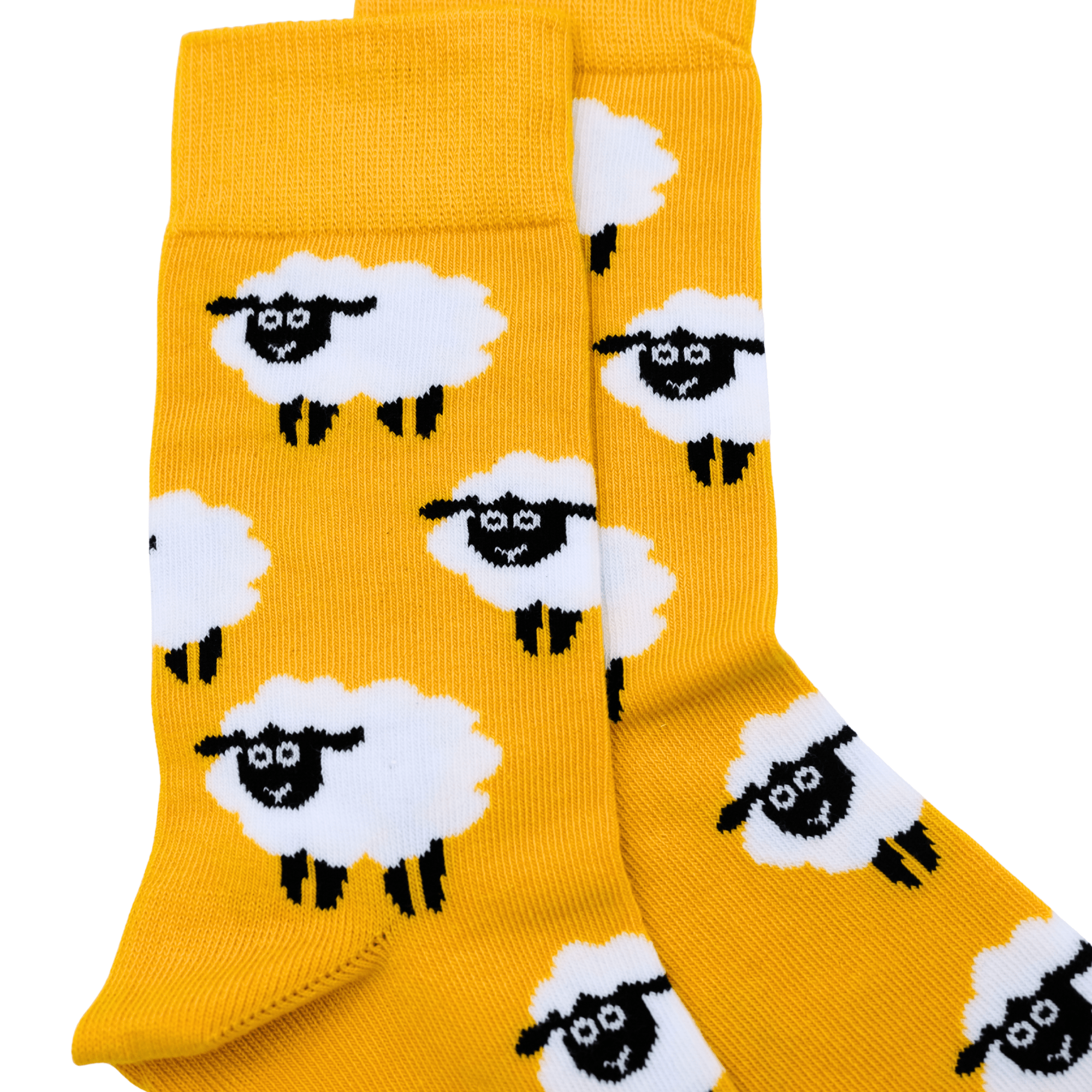 Yellow wool socks with white sheep and black details, displayed flat lay view. - Yellow Earth Australia