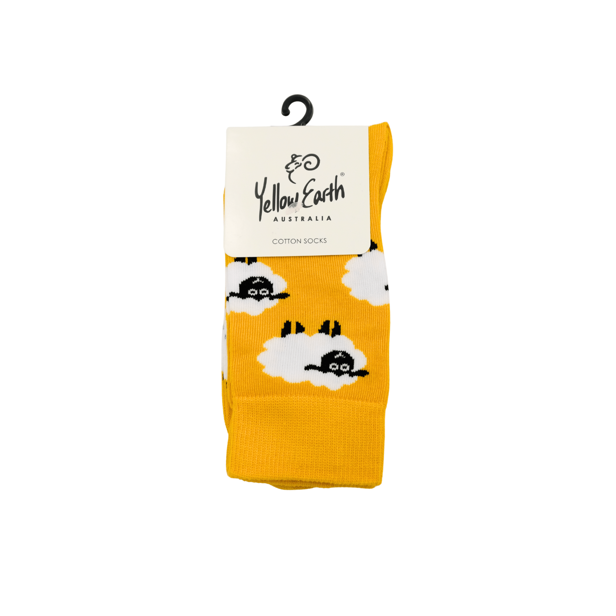 Yellow cotton socks with cloud and character pattern, displayed on hanger. - Yellow Earth Australia