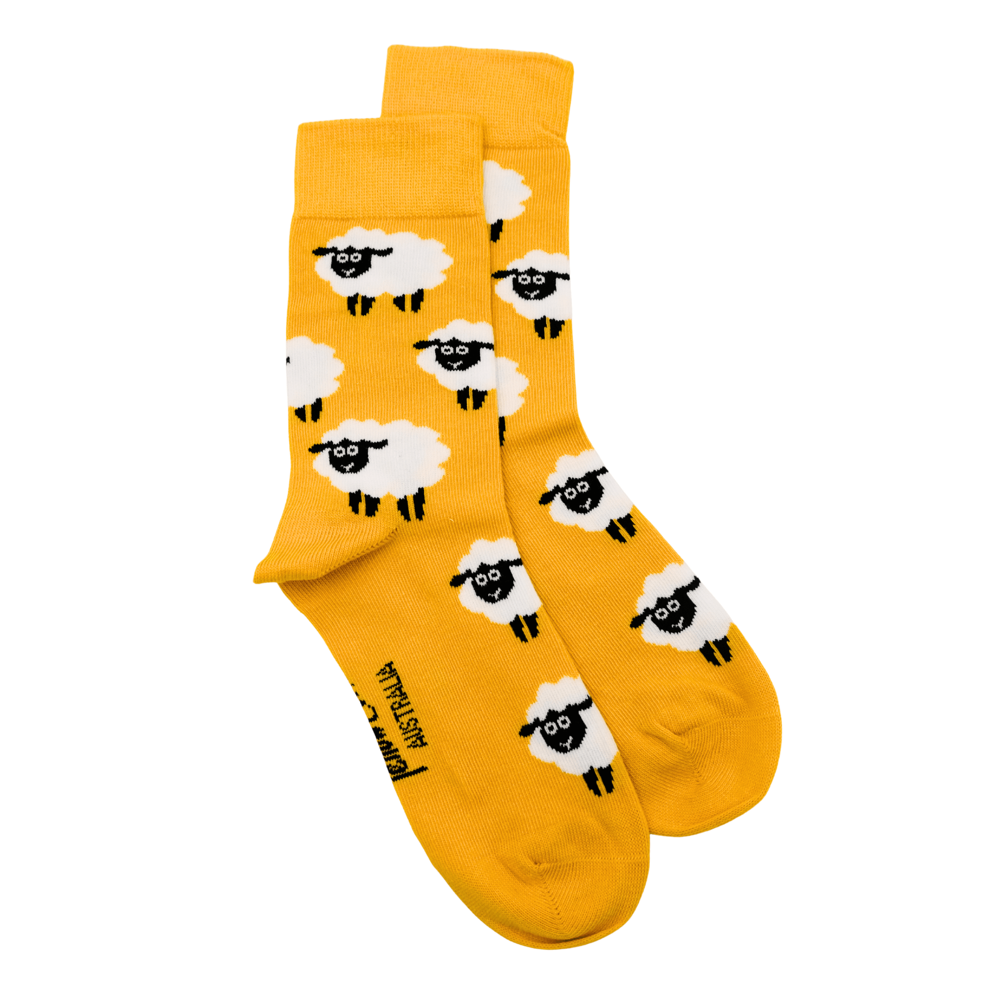 Yellow wool socks with white and black sheep pattern, displayed flat lay view. - Yellow Earth Australia