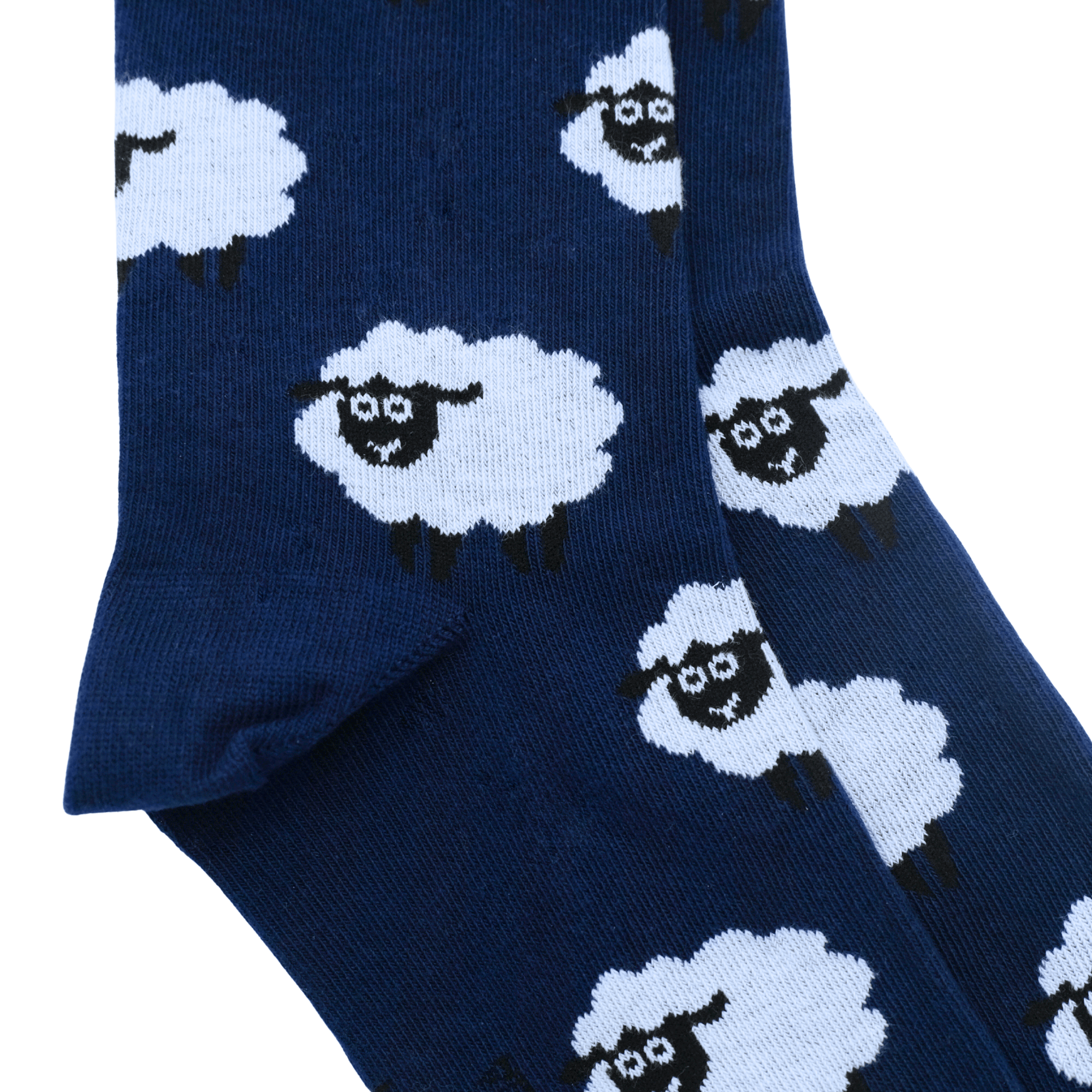 Navy wool socks with white sheep and black face details, shown folded. - Yellow Earth Australia