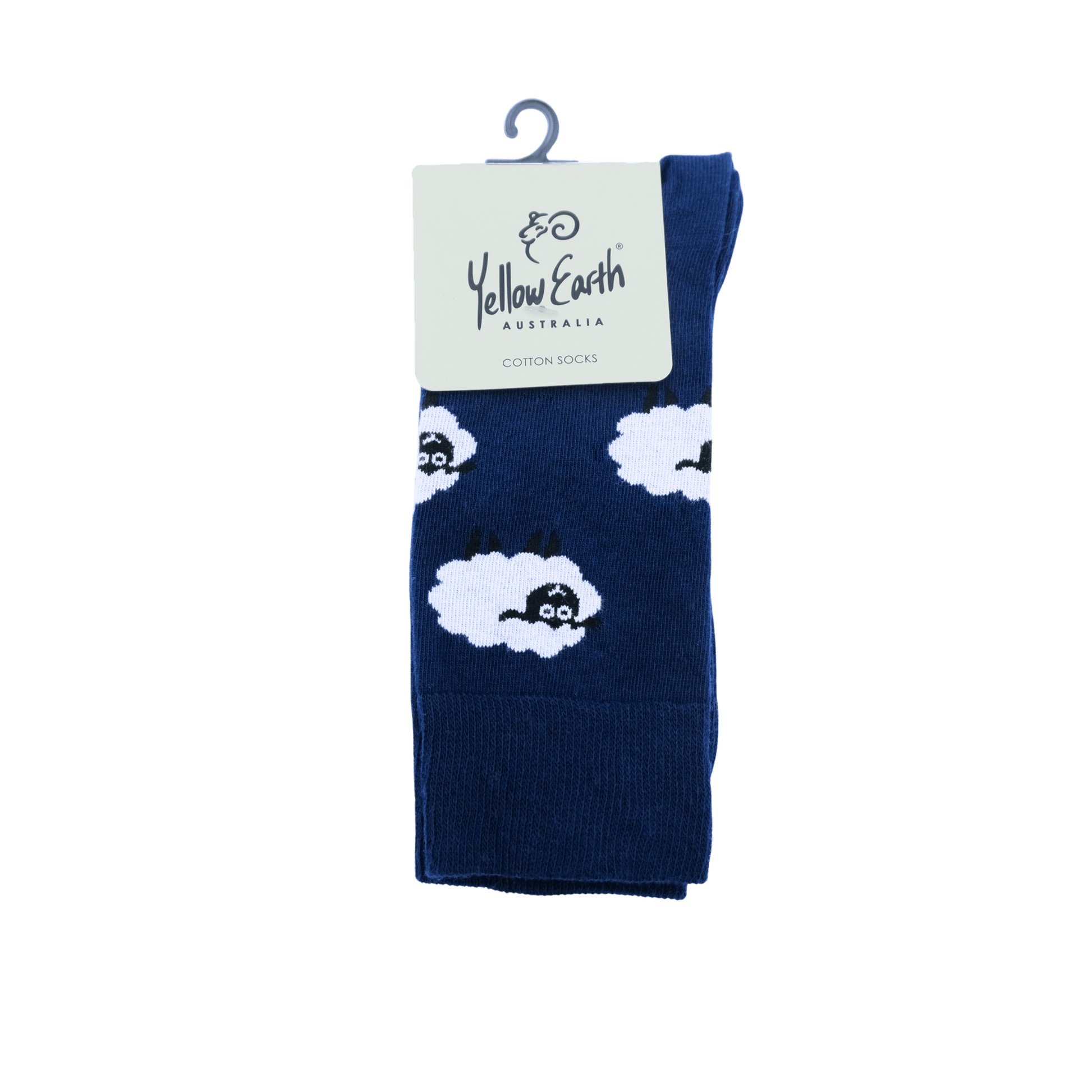 Navy cotton socks with white sheep pattern, displayed flat on packaging. - Yellow Earth Australia