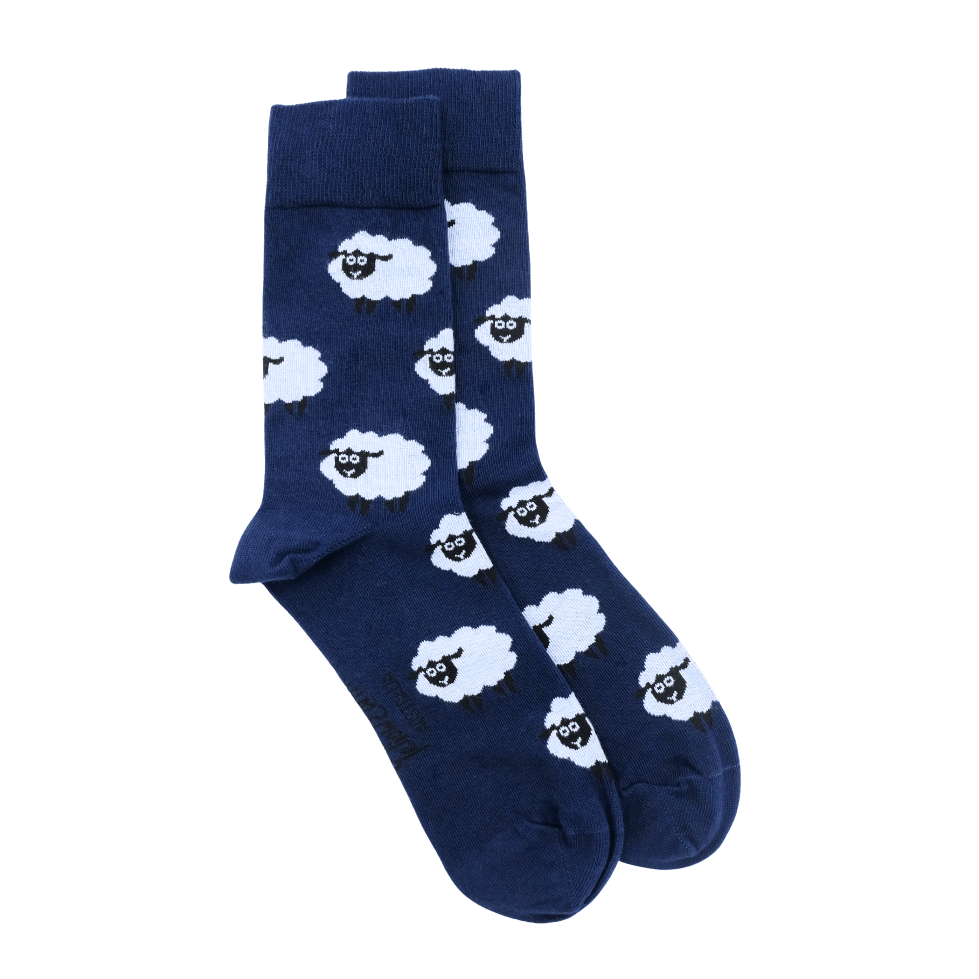 Navy wool socks with white sheep pattern, displayed flat lay against white background. - Yellow Earth Australia