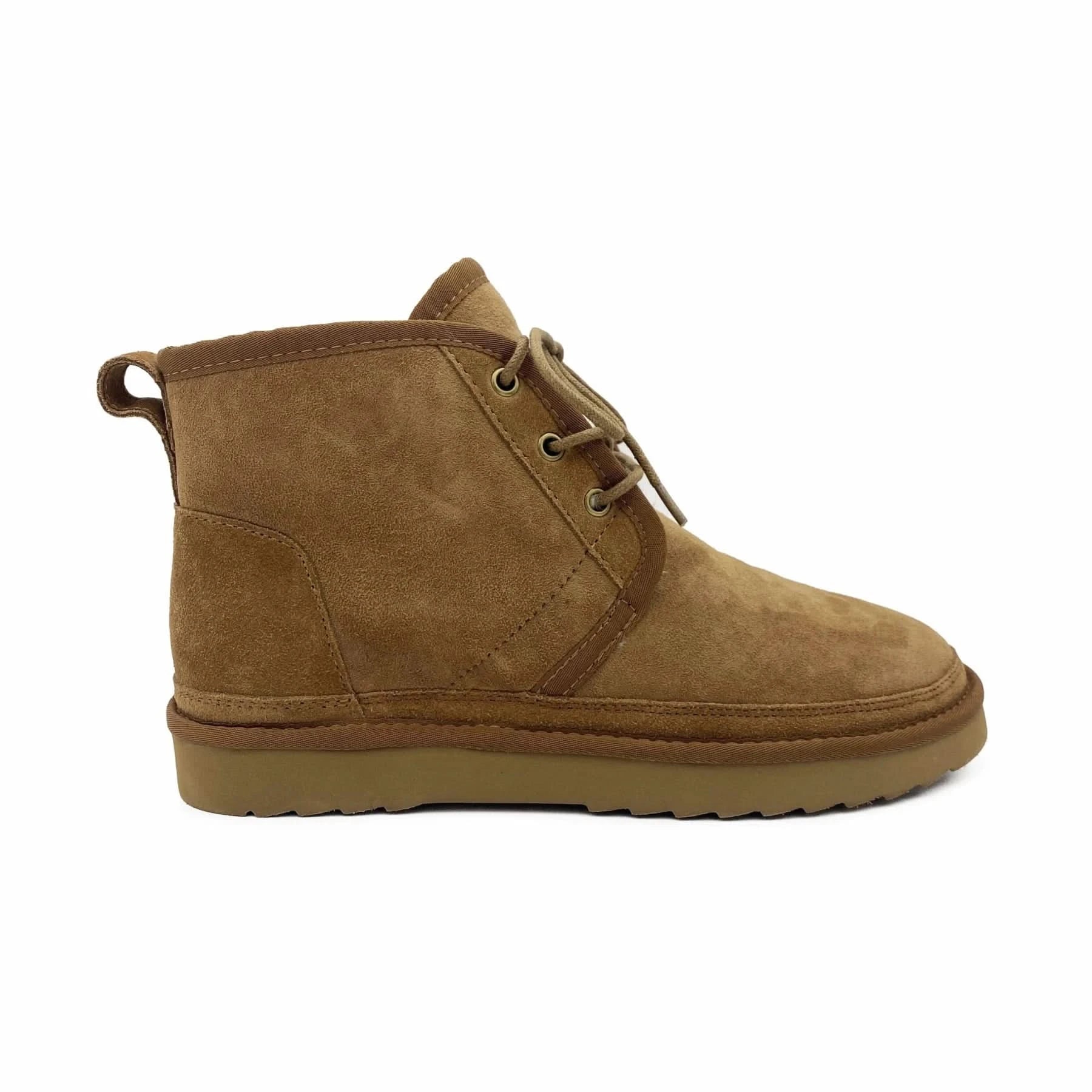 Chestnut suede sheepskin ankle boot with crepe sole, side view. - Yellow Earth Australia