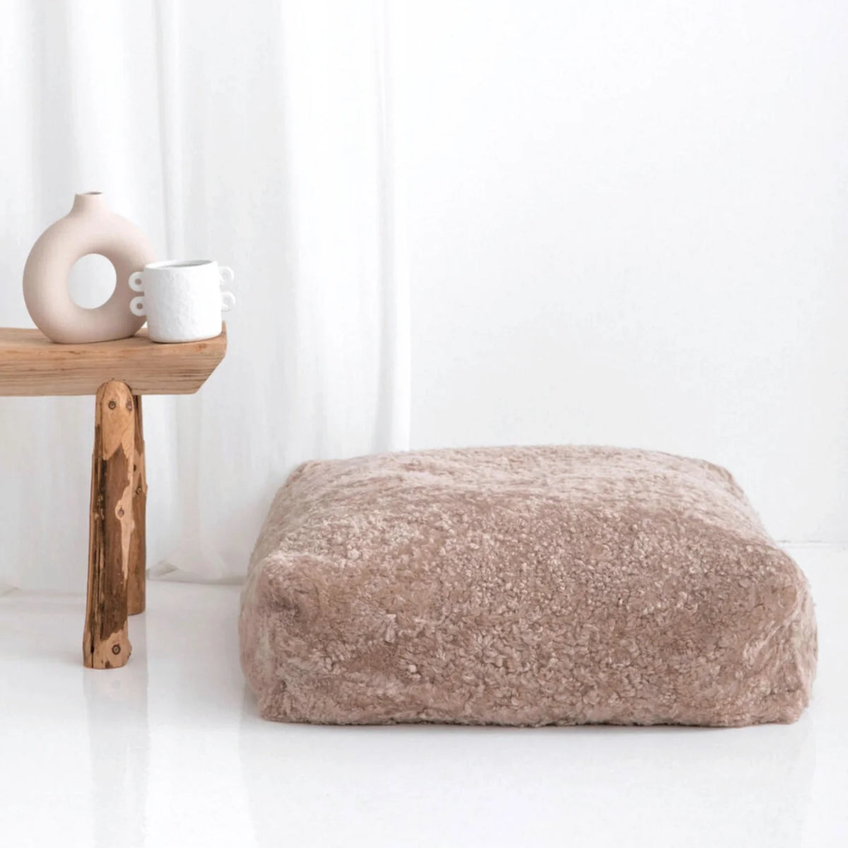 Moroccan Sheepskin Floor Ottoman — Genuine Curly Wool, Nappa
