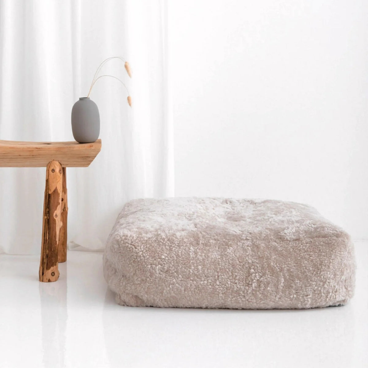 Moroccan Sheepskin Floor Ottoman — Genuine Curly Wool, Oatmeal