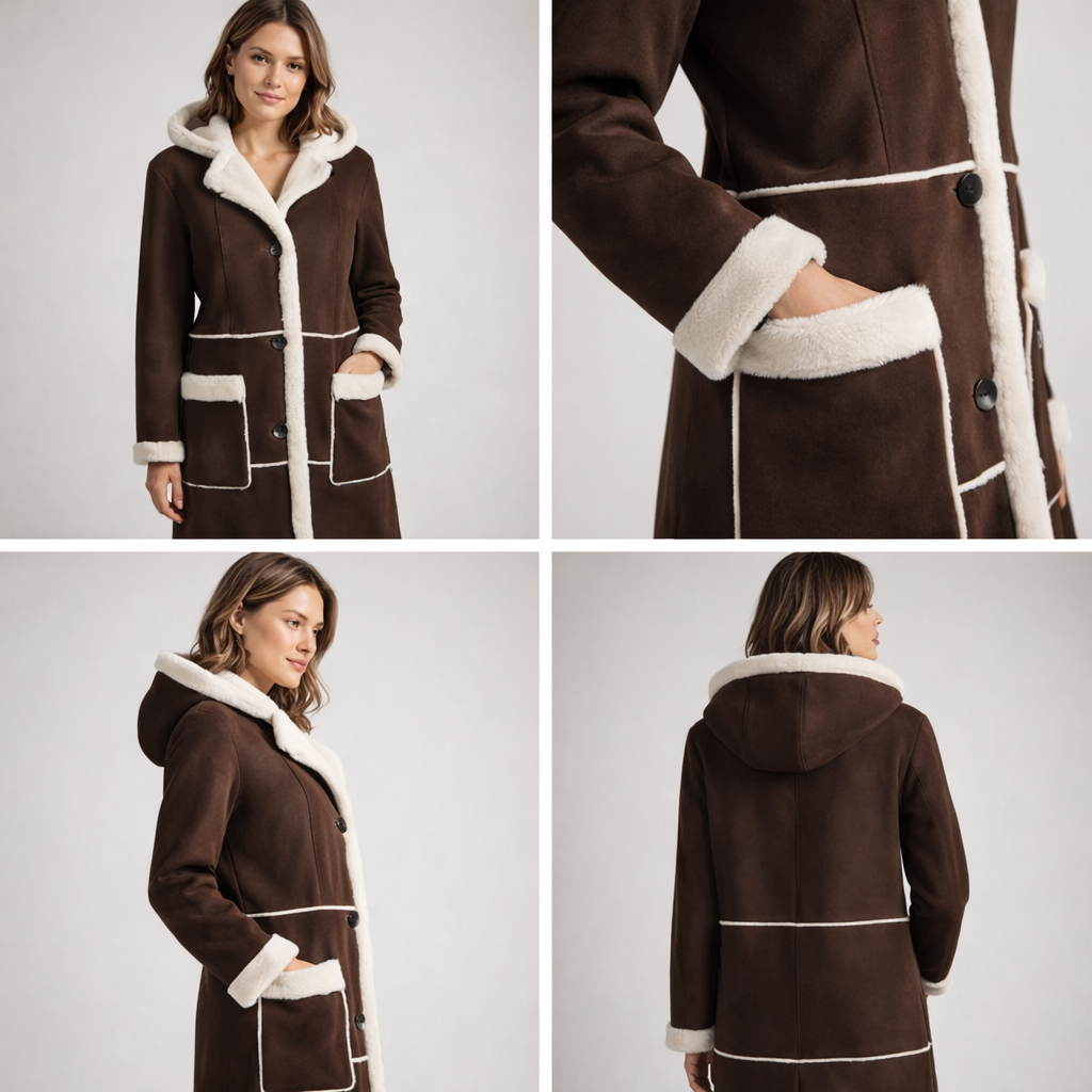 Brown sheepskin coat with cream wool lining and hood, front and back view. - Yellow Earth Australia