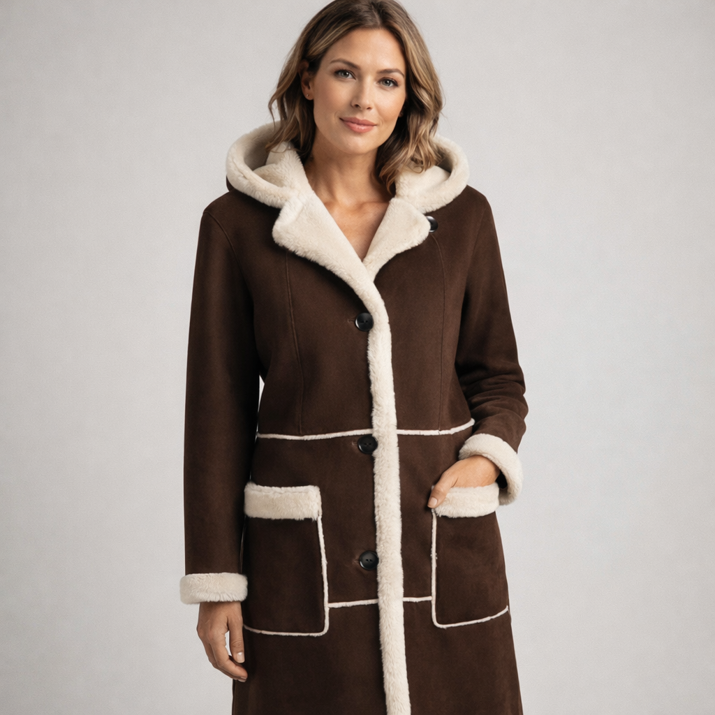 Brown sheepskin coat with cream wool lining and cuffs, front view. - Yellow Earth Australia