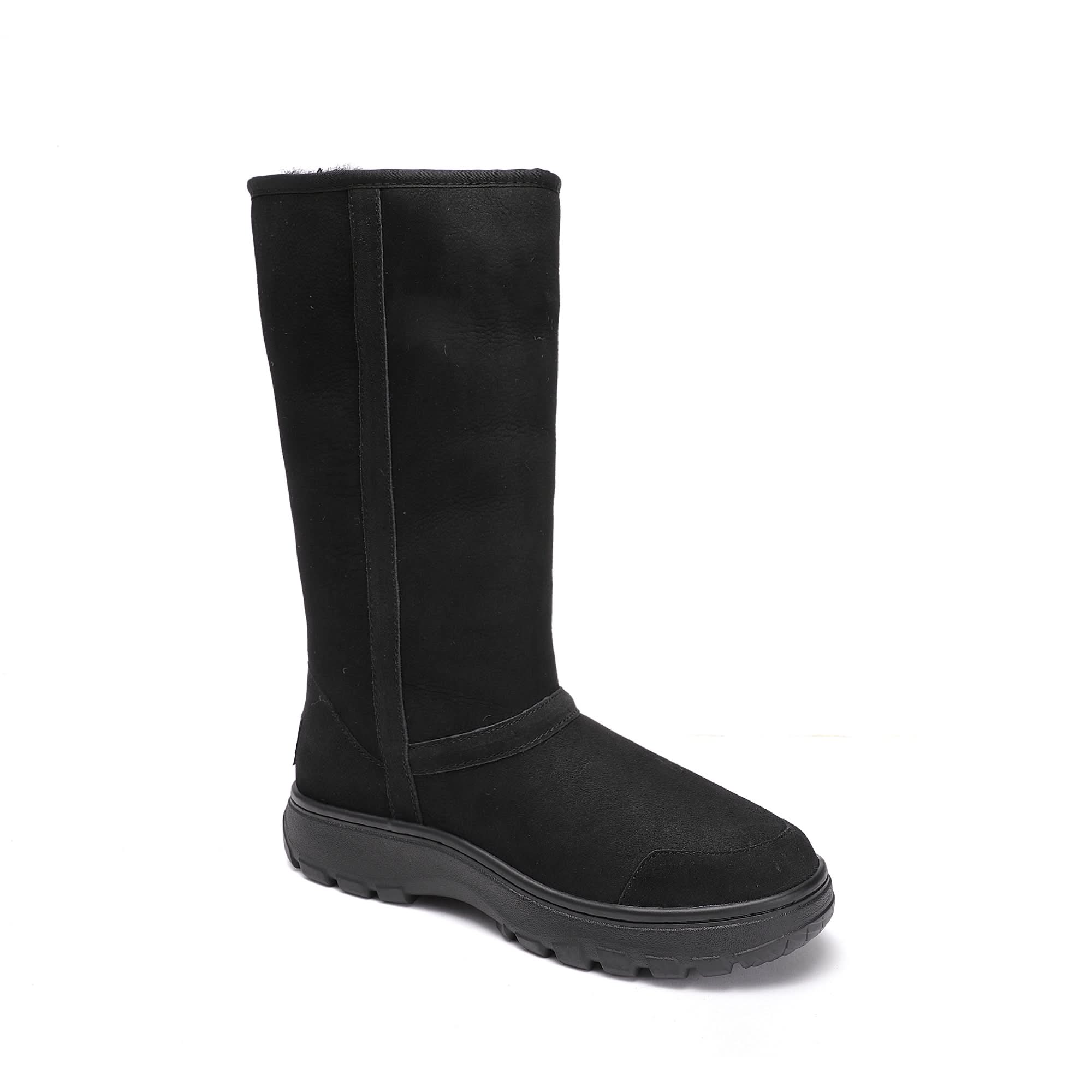 Black sheepskin wool tall boot with chunky sole, side view. - Yellow Earth Australia