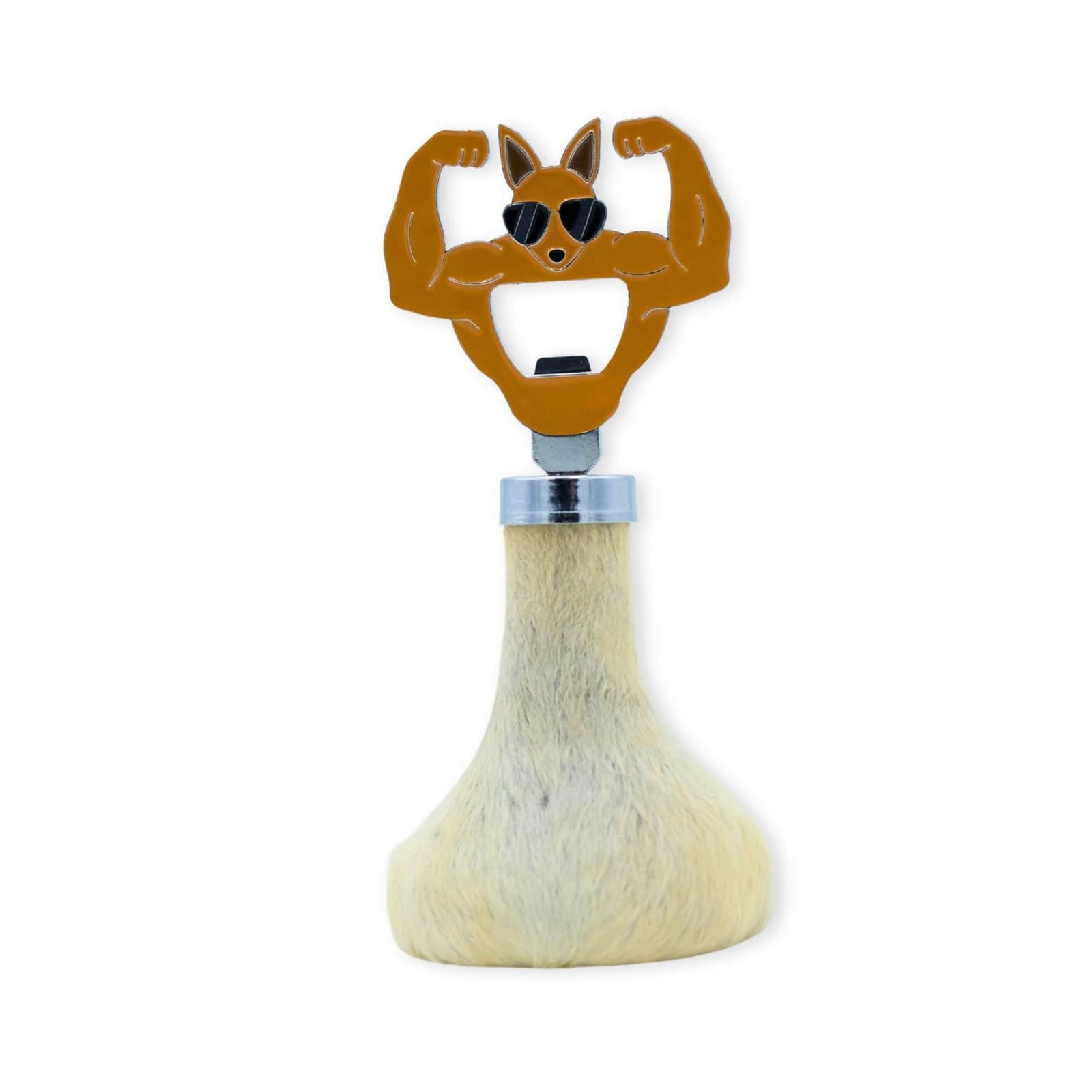 Cool muscle dog bottle brush with cream sheepskin bristles and tan wooden handle. - Yellow Earth Australia