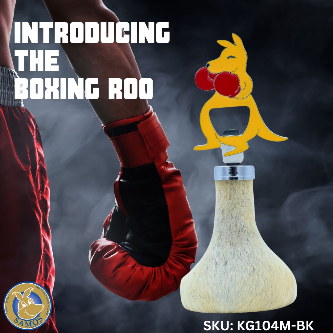 Red boxing glove-shaped roo novelty item with cream sheepskin wool base, front view. - Yellow Earth Australia