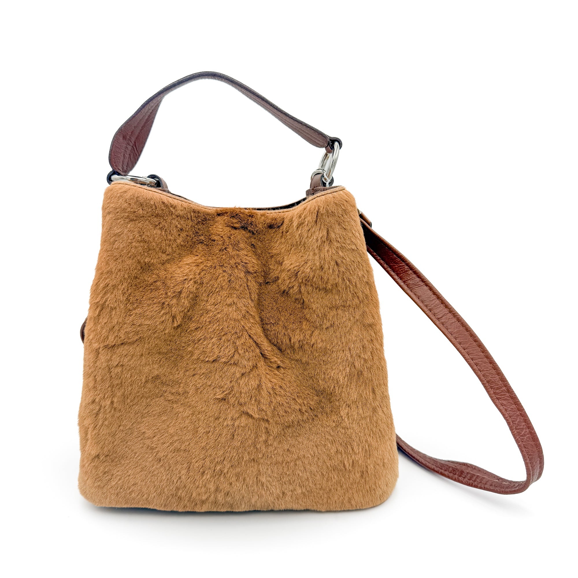 Kangaroo fur bucket bag with a leather carry handle and adjustable shoulder strap