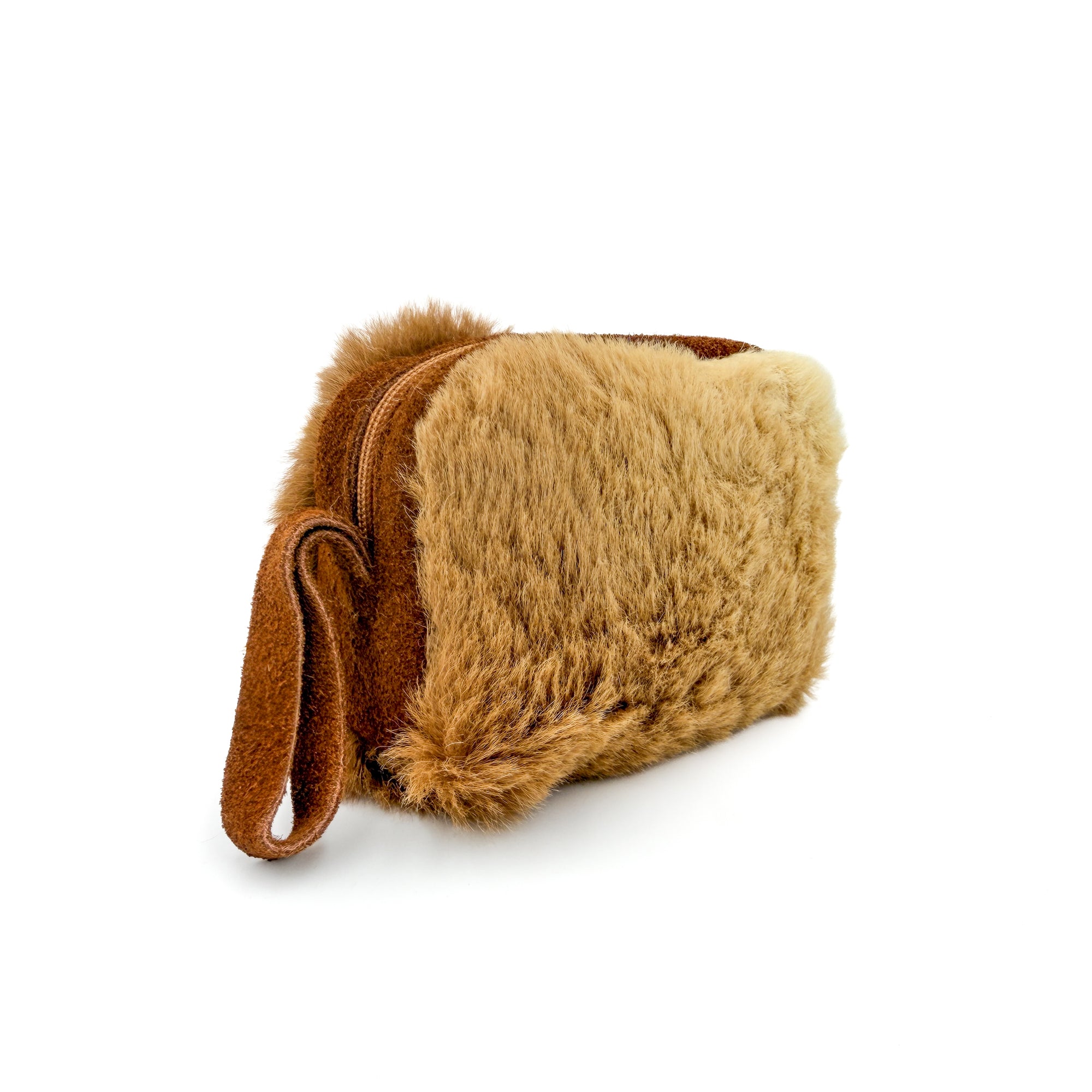 Kangaroo fur zip pouch, angled view showing the zip and finger loop