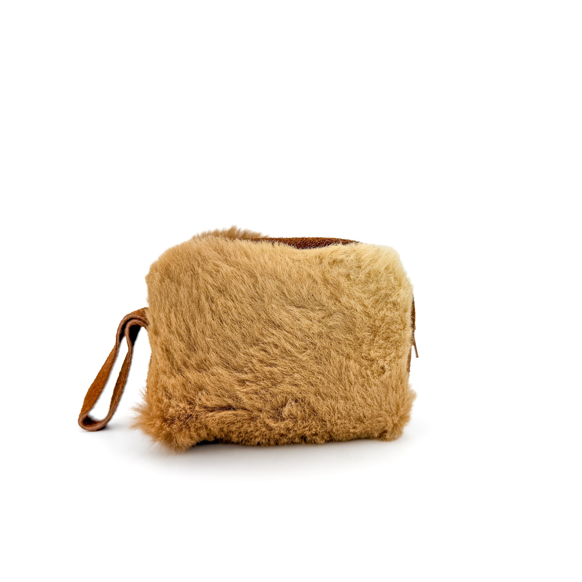 Kangaroo fur zip pouch, front view, showing the leather finger loop
