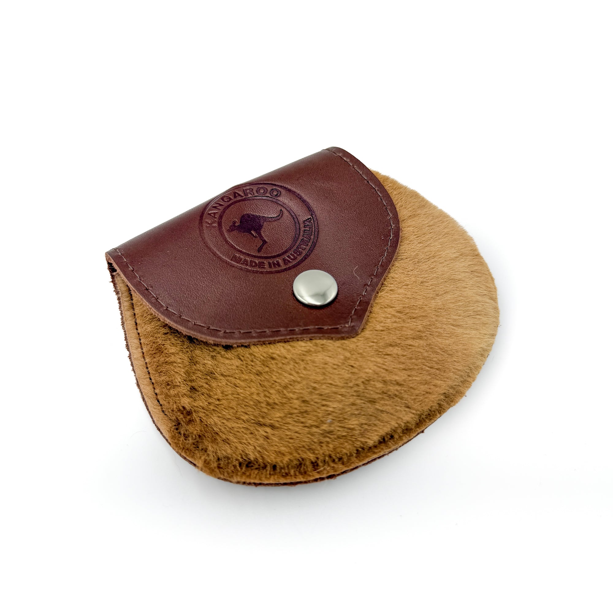 Close-up of the purse's leather flap, showing the embossed "Kangaroo Made in Australia" stamp and snap button