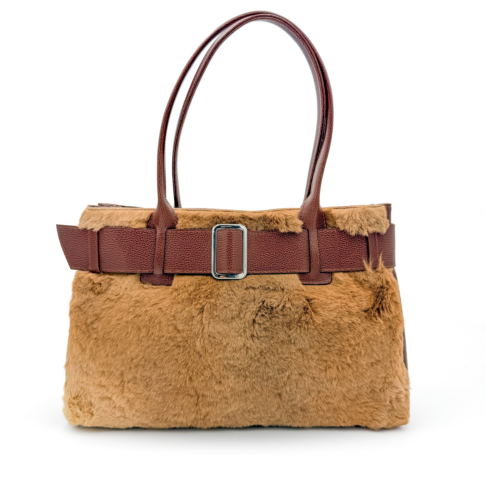 Kangaroo fur Princess bag with a brown leather belt-buckle detail across the front and dual handles