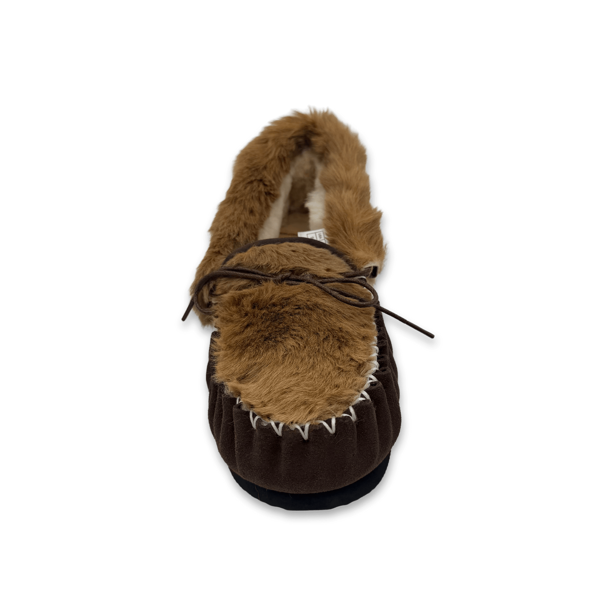 Brown sheepskin moccasin slipper with fur lining, top view. - Yellow Earth Australia