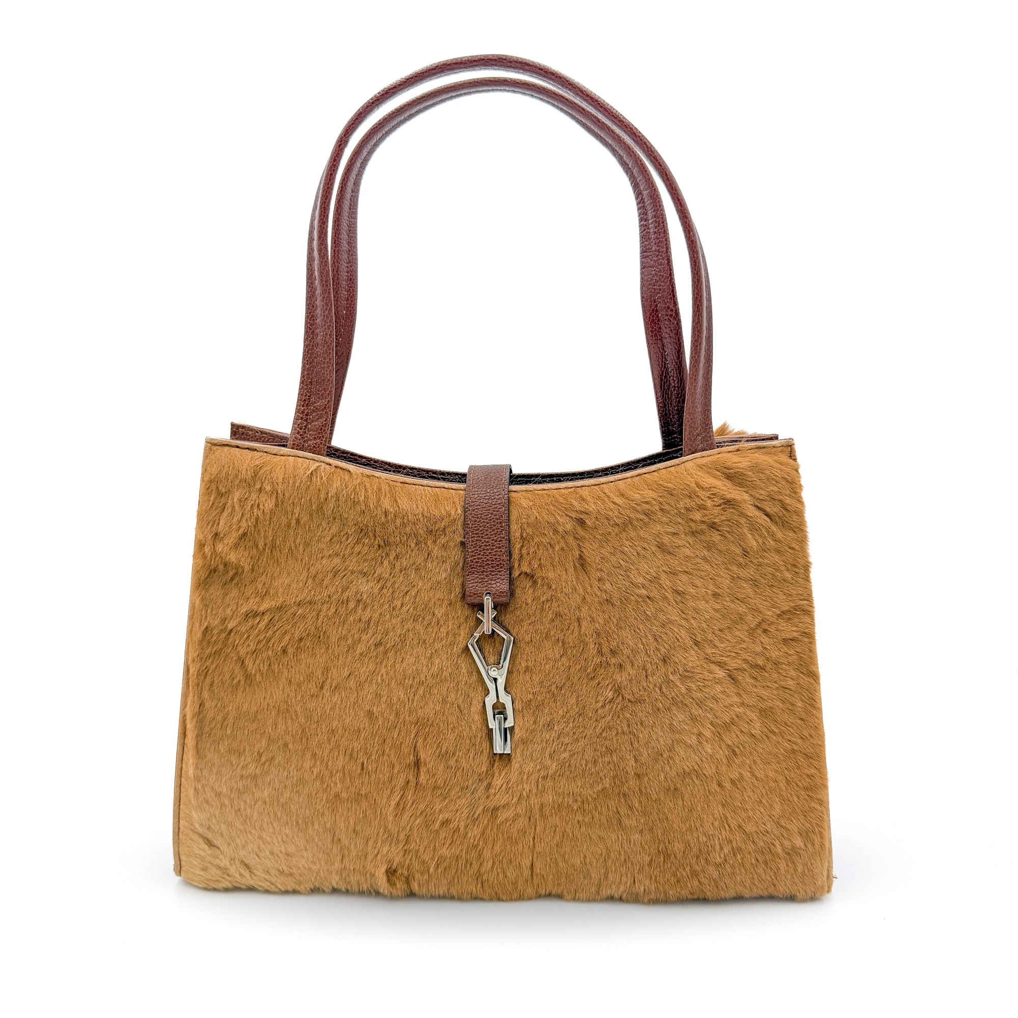Kangaroo fur structured handbag with dark leather handles and a clasp closure